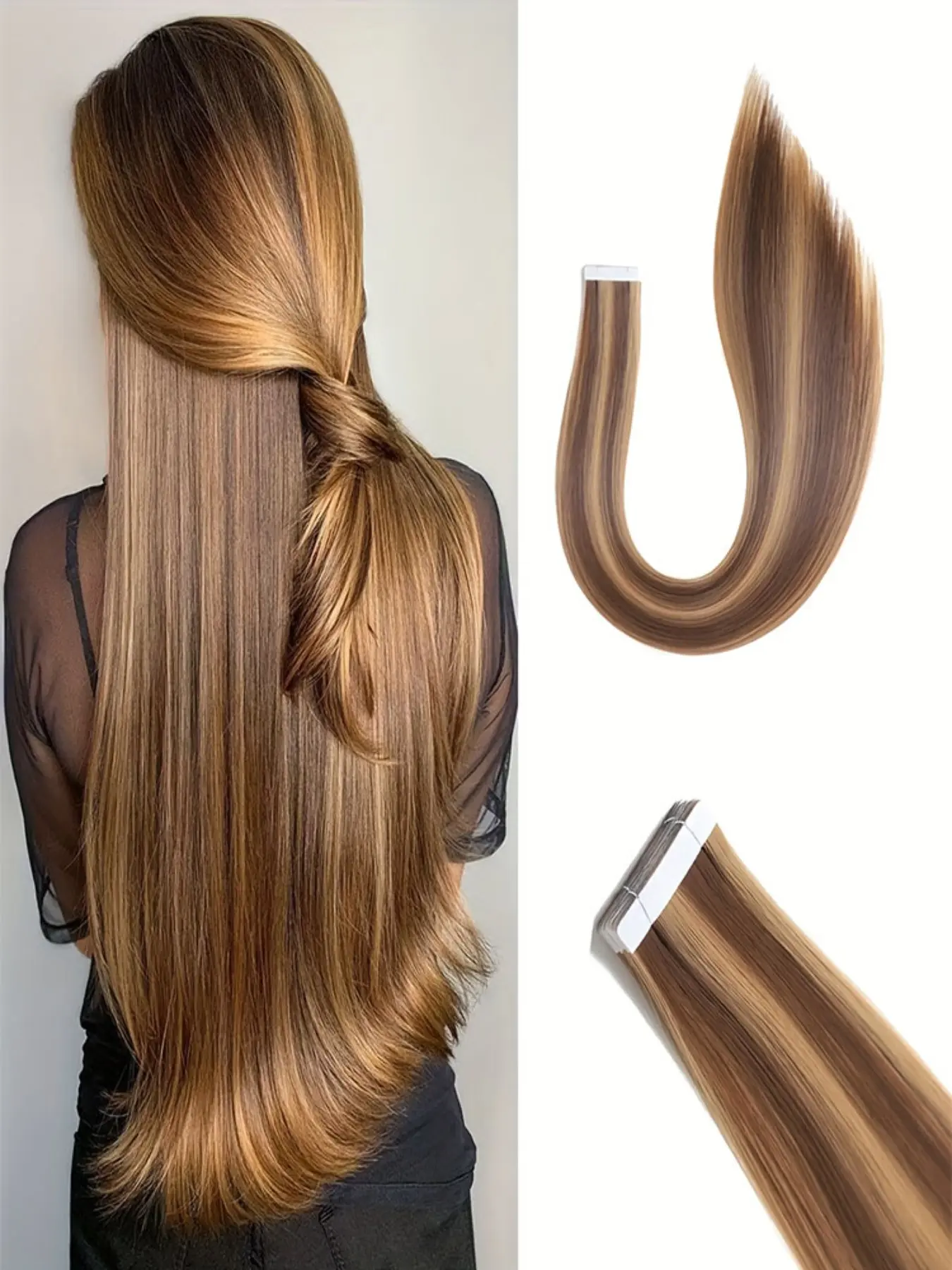 20-inch invisible tape synthetic hair extension pieces, seamless, for highlights, straight hair, clip-around-ear dyed wig pieces, 10 pieces per set, 25g, synthetic fiber extensions, Synthetic fiber hairpieces, suitable for women's daily wear, holidays