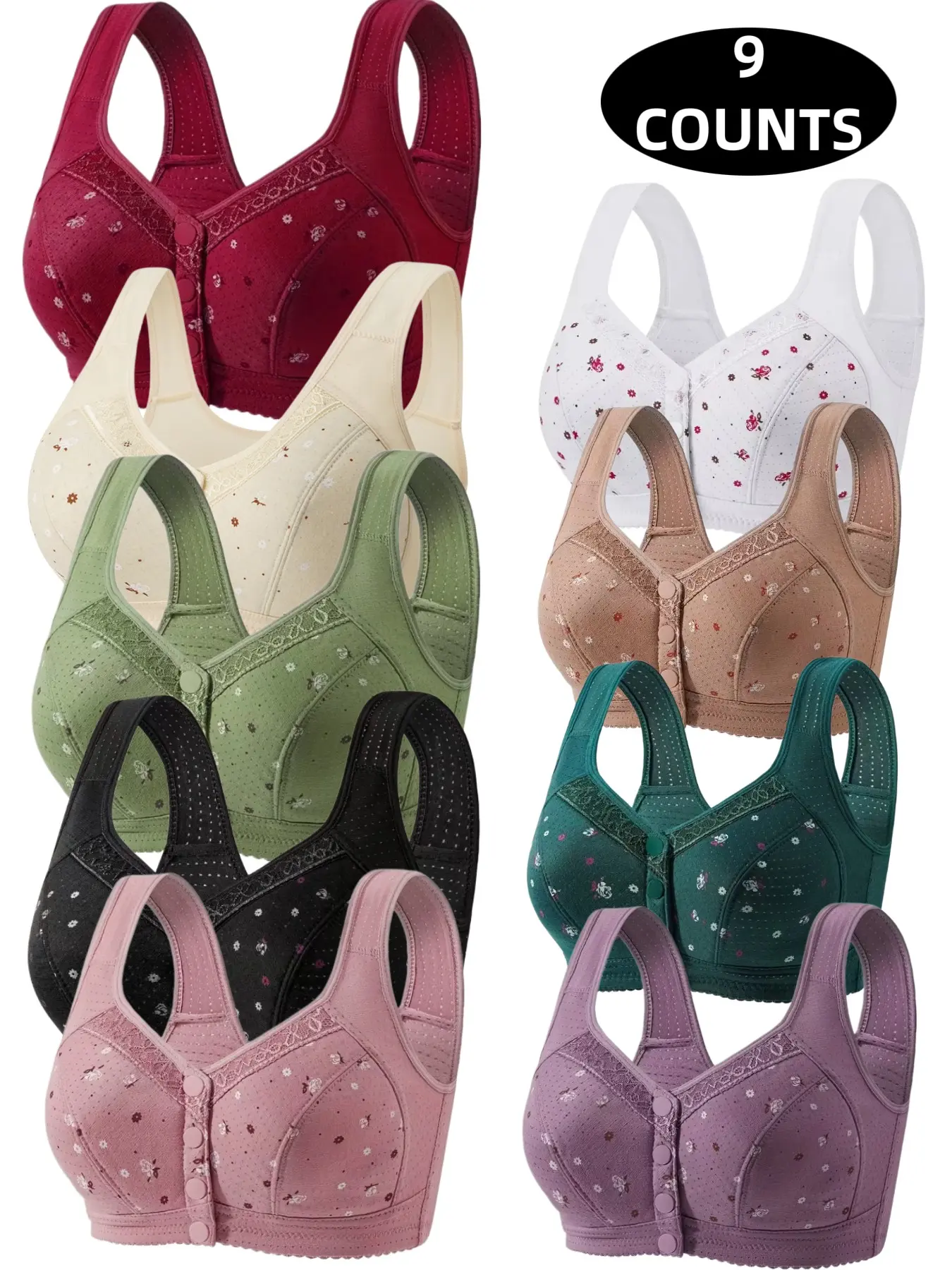 9-Piece Women's Lace Wireless Front Buckle Push-Up Bra, Seamless Comfort Fit, Daily Wear Underwire-Free Bra, Breathable Soft Fabric, Full Day Support