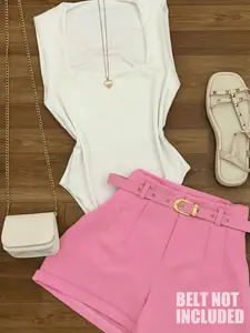 Women's Fashion Comfortable Knitted Sleeveless Top and High Waist Shorts Set, Casual Elegance Commuter Style, No Belt Included