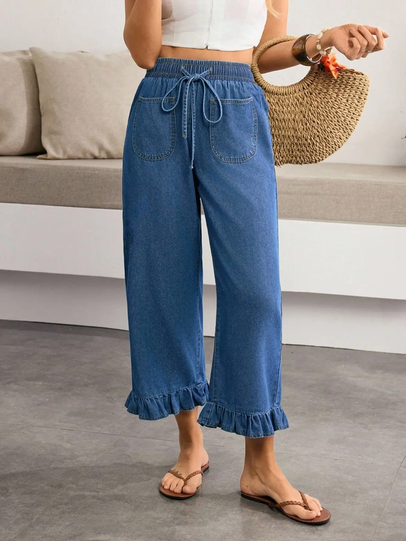 Boho Summer Vacation Women's Casual Light Blue Soft Nine-Inch Denim Jeans Wide Leg Seven-Part Pants, Adjustable Drawstring Waist, Pockets, Flounce Hem
