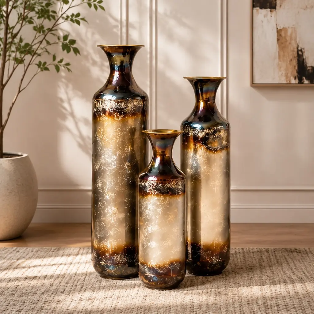 Hand-Forged Metal Vases Set of 3, Burnt Finish Rustic Floor Vases for Home Decor, 28.34 24.4 20.4 Inch Tall Flower Vases for Farmhouse Industrial Living Room Entryway Office, Gold+White Metal, Gold+White Color Options, Metal Material