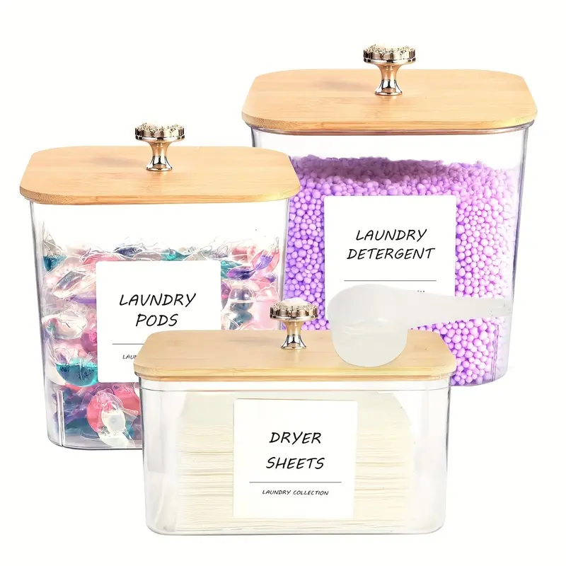 3 Pack Laundry Storage Containers Clear Plastic Detergent Jars with Lids Spoons Labels for Detergent Powder Dryer Balls Laundry Pods Organizer for Kitchen Countertop