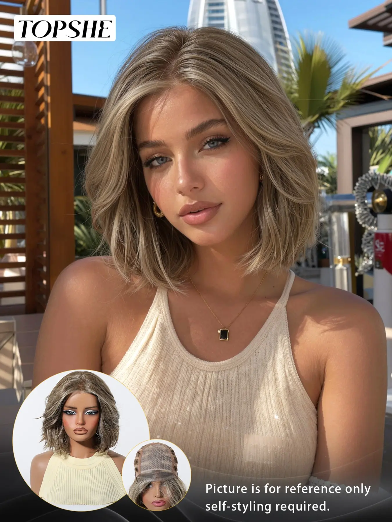 Topshe Viral Hand Tied Mono Base Short Bob Wig, Dark Root Ash Blonde Highlight Flip Loose Wave Bob, Breathable Mono Top Realistic Scalp, Glueless Wear & Go No Bleach, Tangle Free Heat Resistant Synthetic Hair, Influencer Wig For Club Daily Party