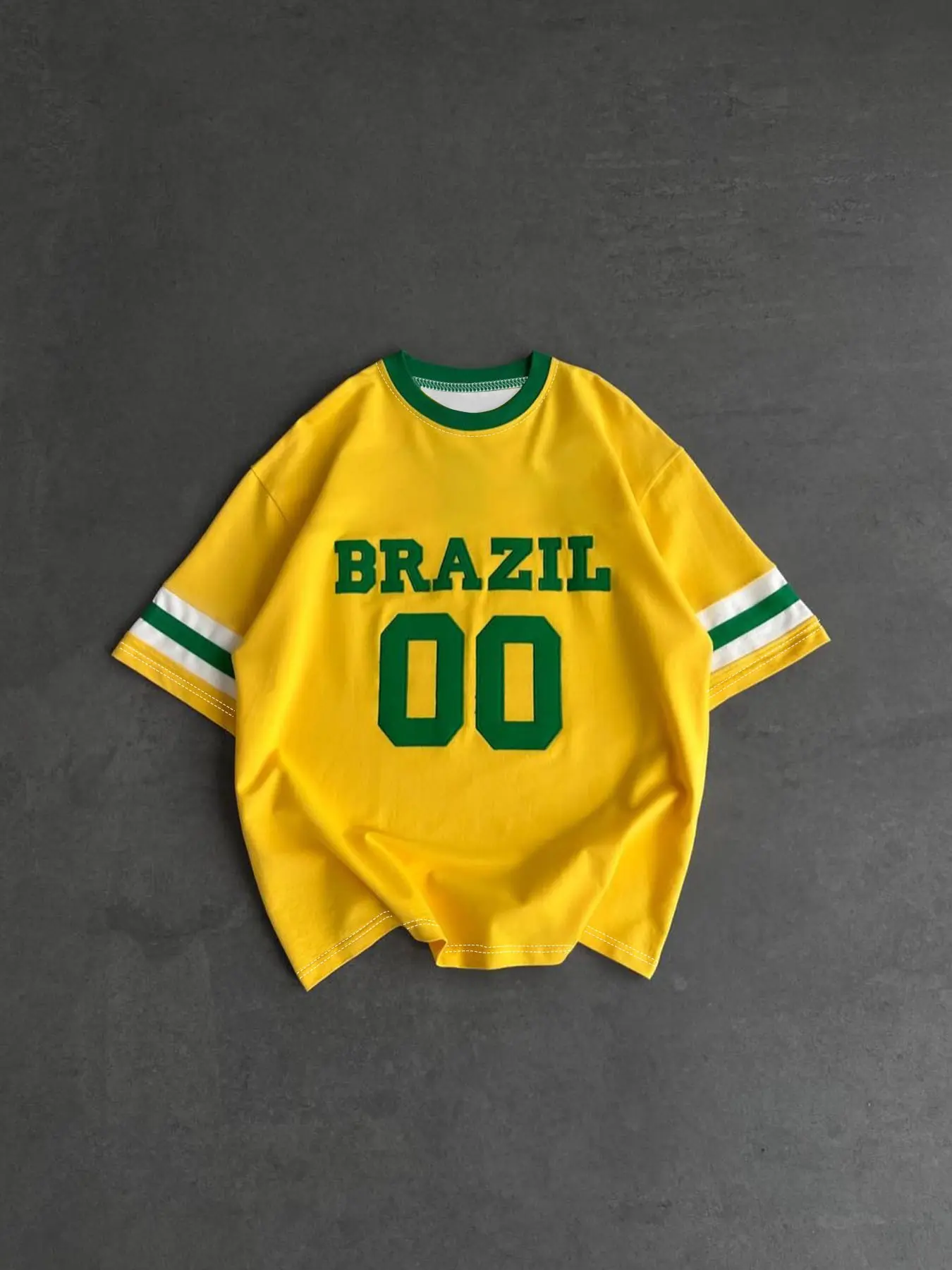 Unisex Vintage Brazil Soccer Jersey T-Shirt Football Tee Yellow Green Stripe Short Sleeve Casual Sporty Top For Daily Wear & Sports Events