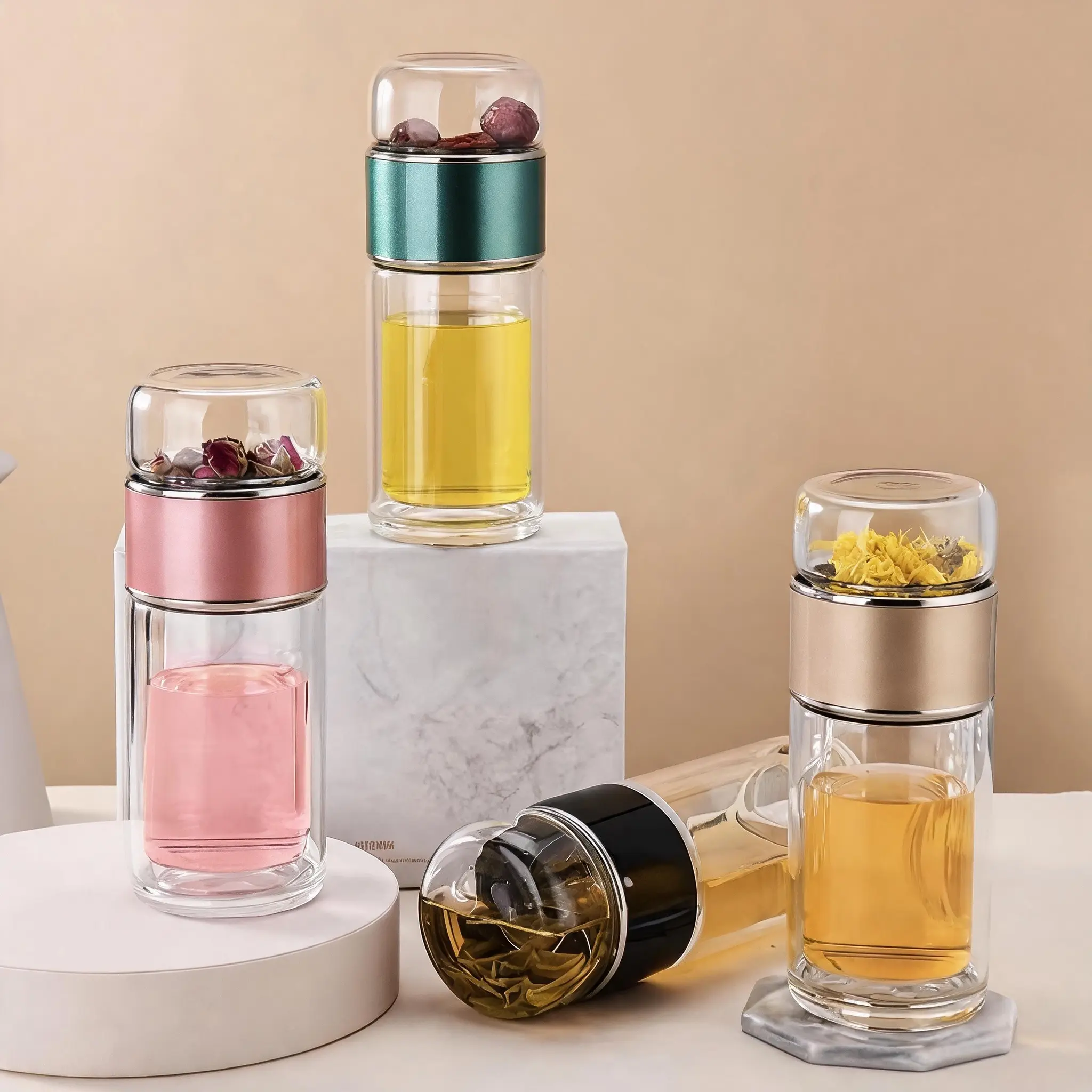 Double Wall Borosilicate Glass Tea Tumbler with Removable Strainer & Leakproof Lid, Heat Resistant Water Separation Design for Hot & Cold Brewing, Suitable for Loose Leaf Flower & Cold Brew Tea, Dishwasher Safe Drinkware for Home Office Travel Daily Use