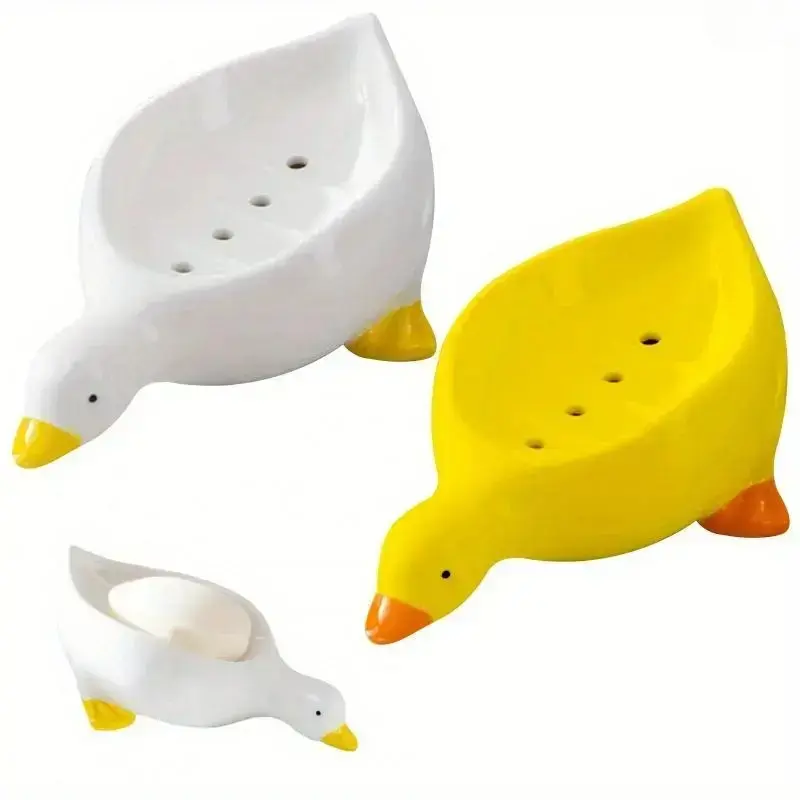 2-Pcs Cute Duck-Shaped Plastic Self-Draining Soap Dish Accessory Set, Non-Slip Tray with Playful Look for Kids' Bathroom Shower & Charming Home Decoration, Duck Form, 2Pcs, Charming Decoration, Bathroom Use, Water Draining