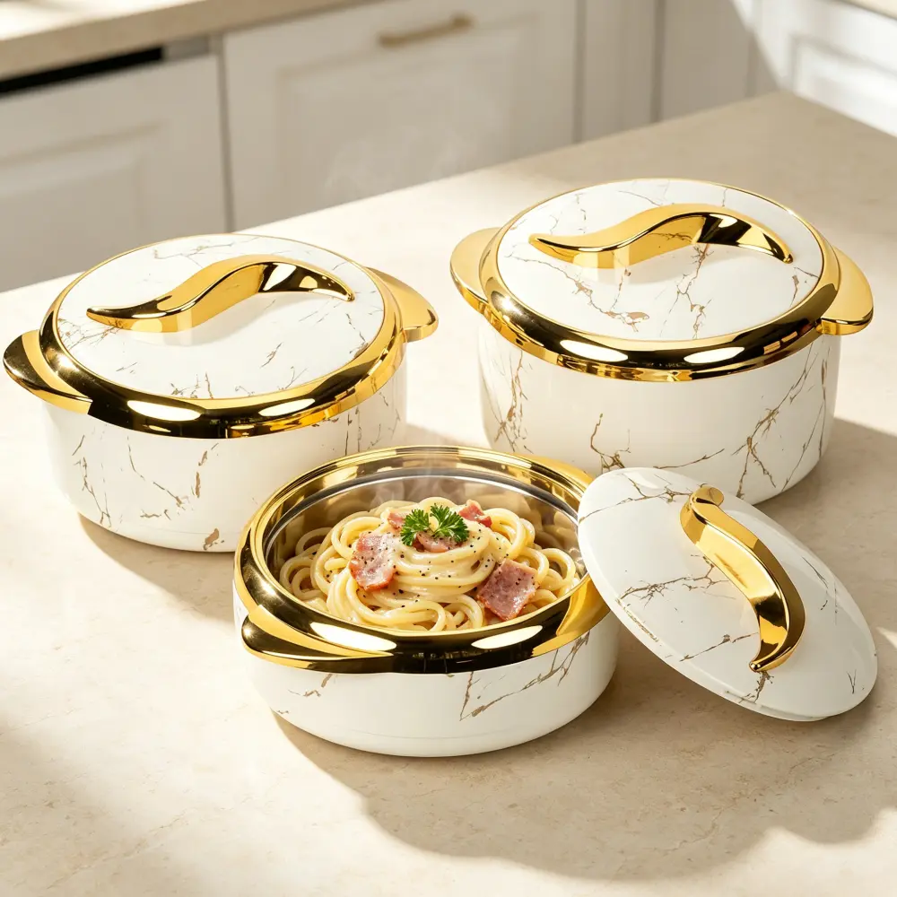 3-Piece Sturdy Round Leak-Proof Thermal Serving Bowls Set with Covers, ABS Plastic-Insulated Stainless Steel Tableware, Hot-Cold Containers for Buffet Lunch, Work Lunches