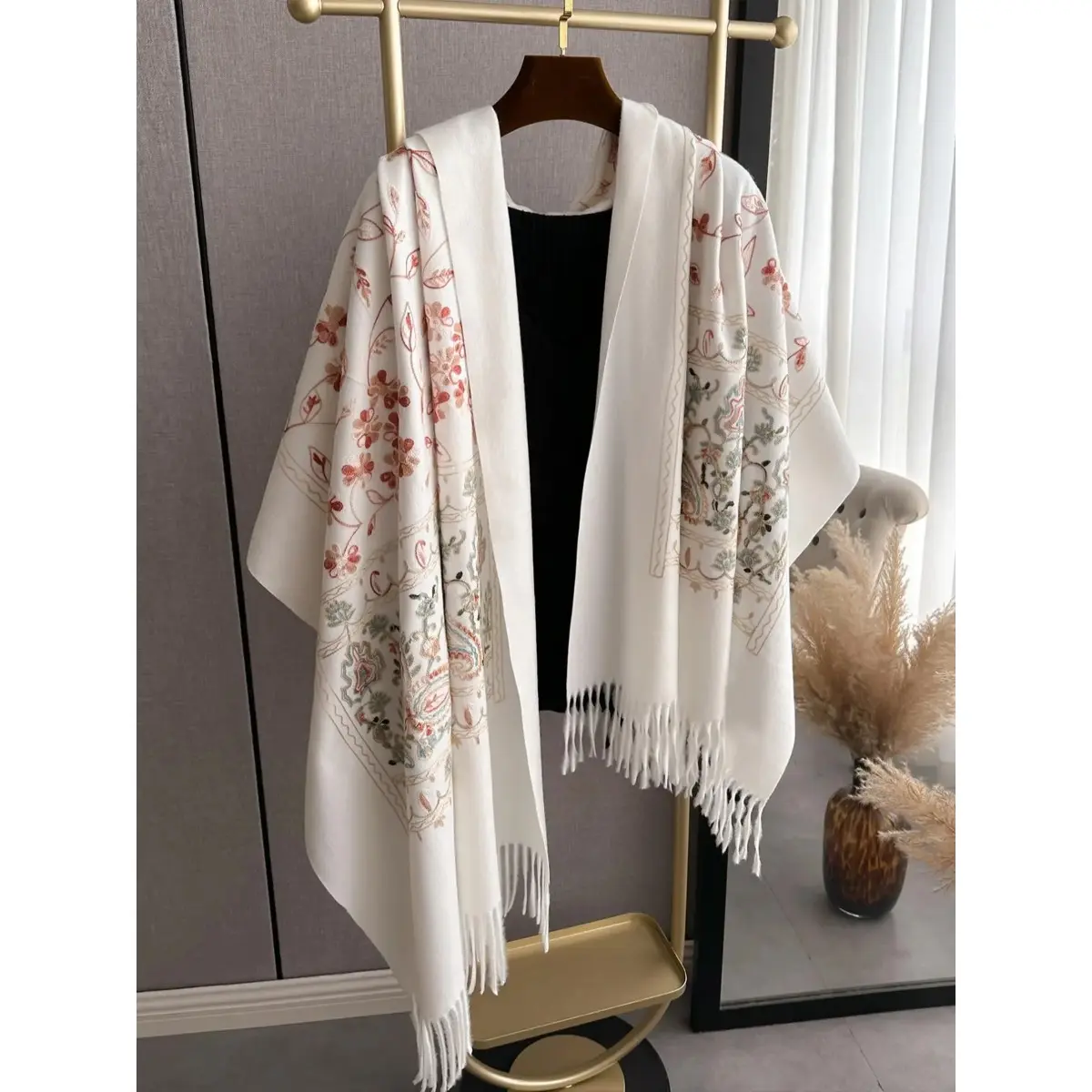 Women's Italian Bohemian Shawl - Floral Embroidery, Tassels, Warm Woven Tencel Plain Denim Chiffon Accessory for Fall & Winter, Perfect Fit, Fits Perfectly, One Size, Tasselled Edge