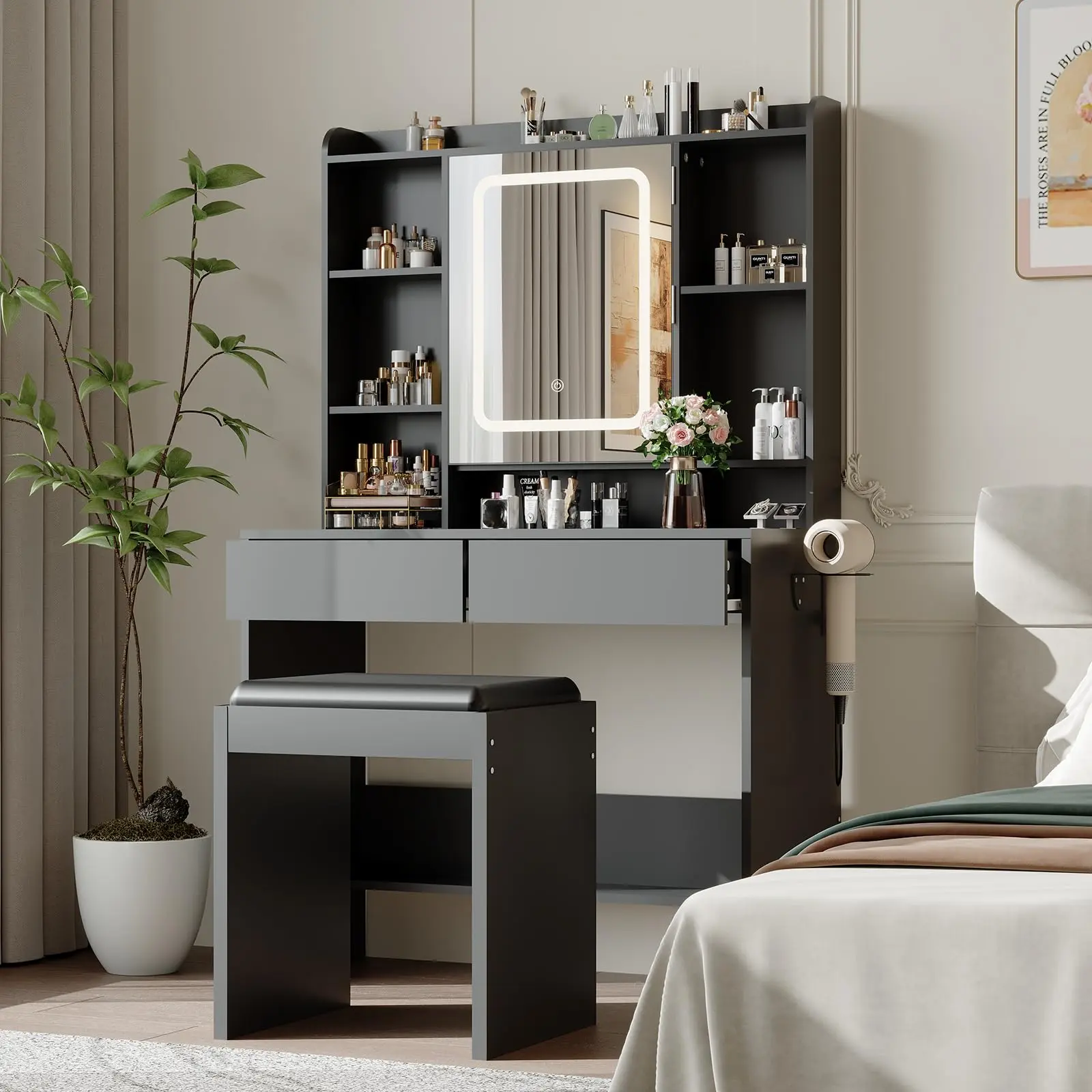 Summervibes Flash Sale Lighted Makeup Vanity with Mirror & Matching Stool, Adjustable 3-Color Dimmable Ambient LED Lights, Hidden Storage, USB/Type-C Charging Station, Hair Dryer Holder, Bedroom Indoor Furniture Makeup Vanity