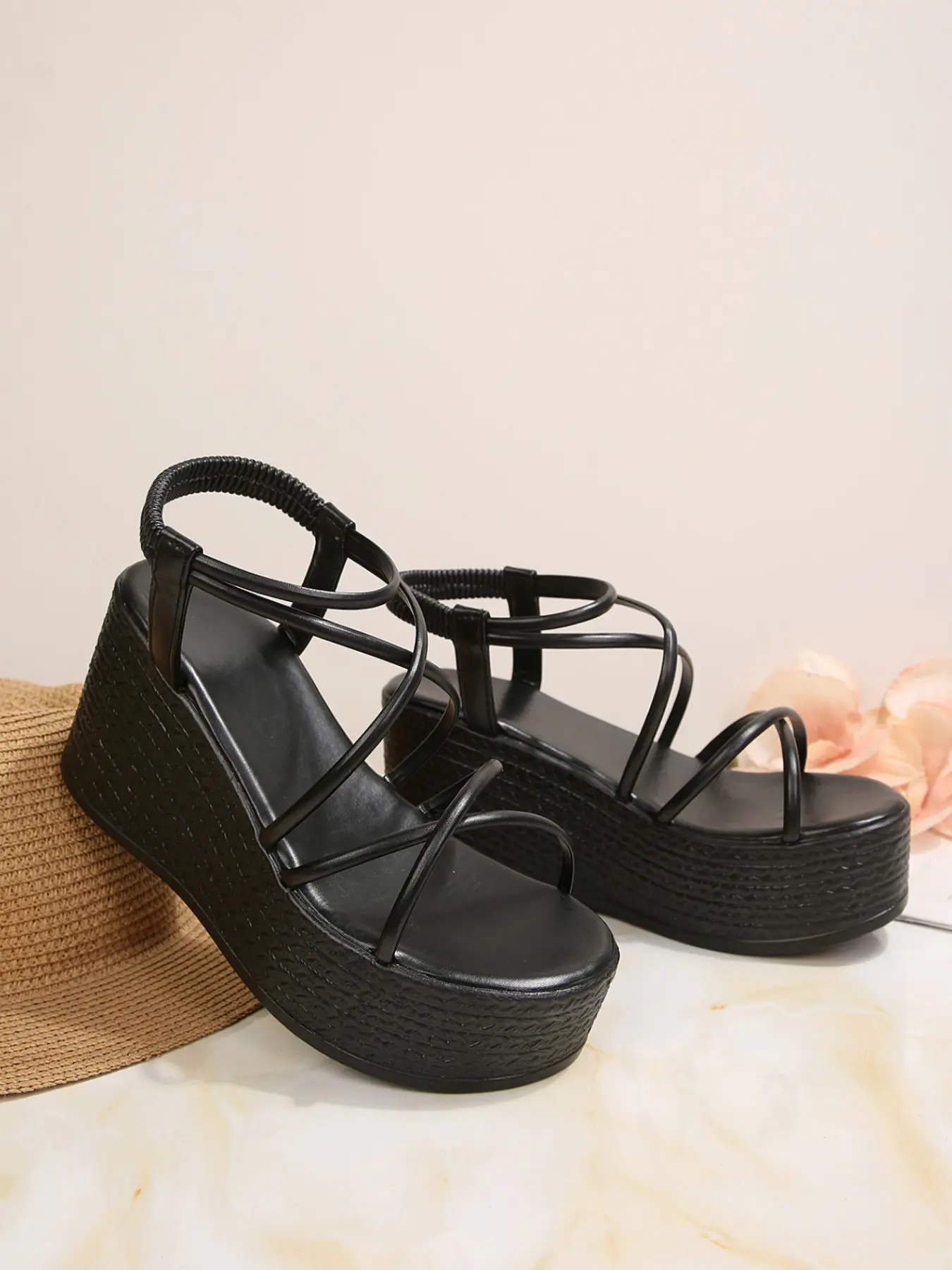 Women's Metallic Thin Strap Elastic Ankle Strap Woven Platform Wedge Sandals Non Slip Soft Cushioned Insole All Day Walking Beach Street Vacation Summer Footwear Black Gold Two Trendy Glitter Fashion Tones Casual Wedge Sandals Fashionable Wedge Shoes