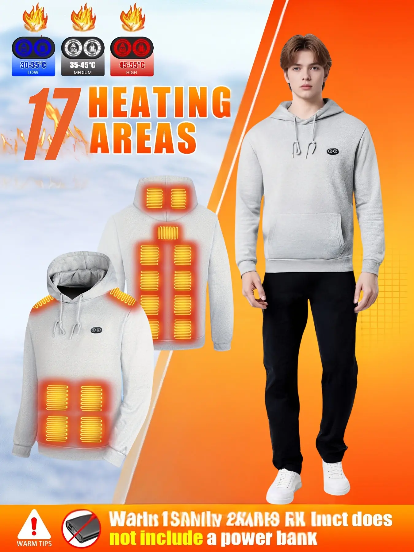 17 Zone Heated Hoodie, USB Electric Sweatshirt, Three-Tier Heating Pullover, Winter Warm Hooded Jacket, Unisex Outdoor Gear