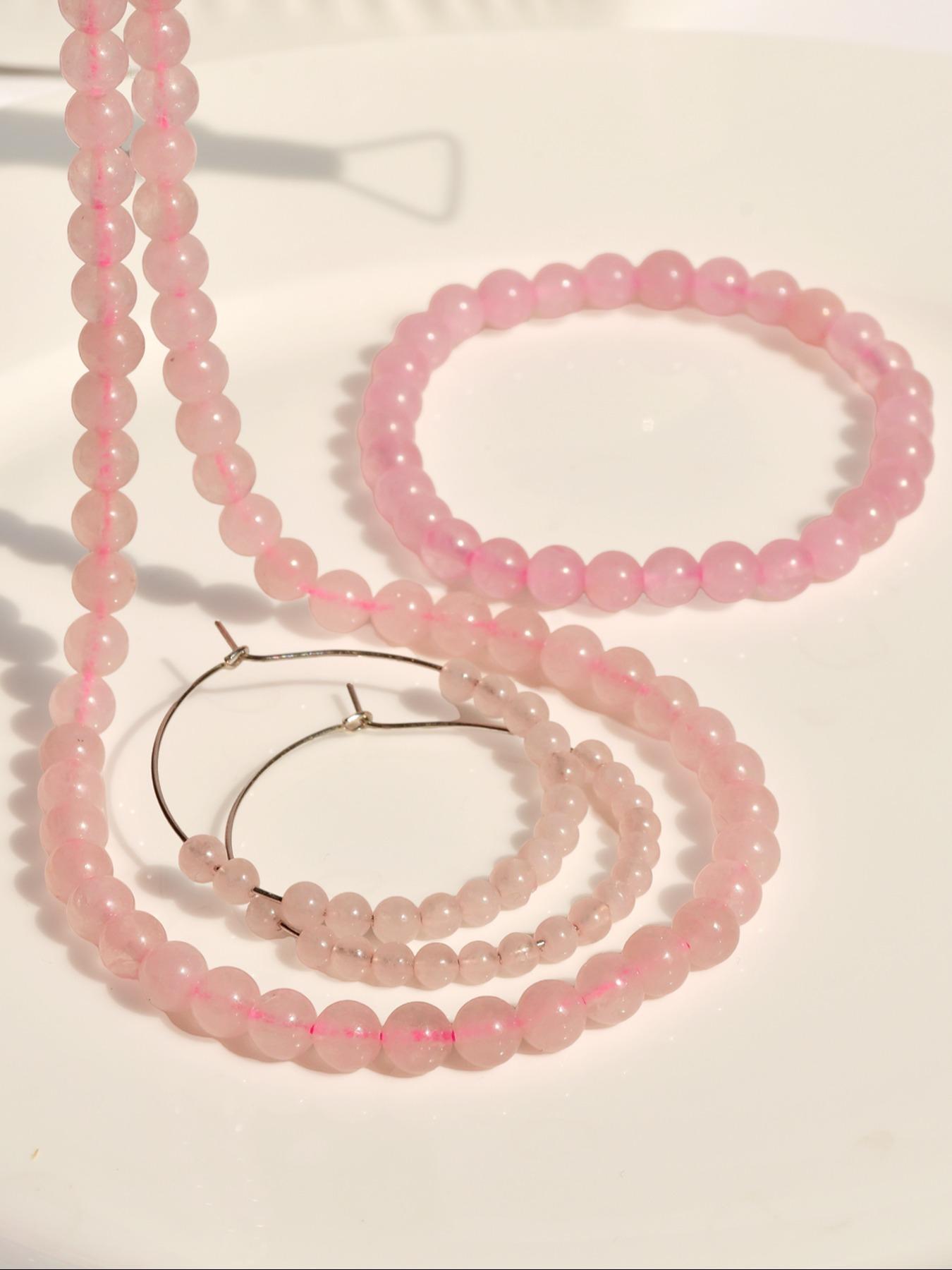 Fashion Simple Natural Pink Crystal Jewelry Set, Including Necklace & Earrings & Bracelet, Casual Jewelry Set for Women, Fashion Accessories for Party, Daily Clothing Decor