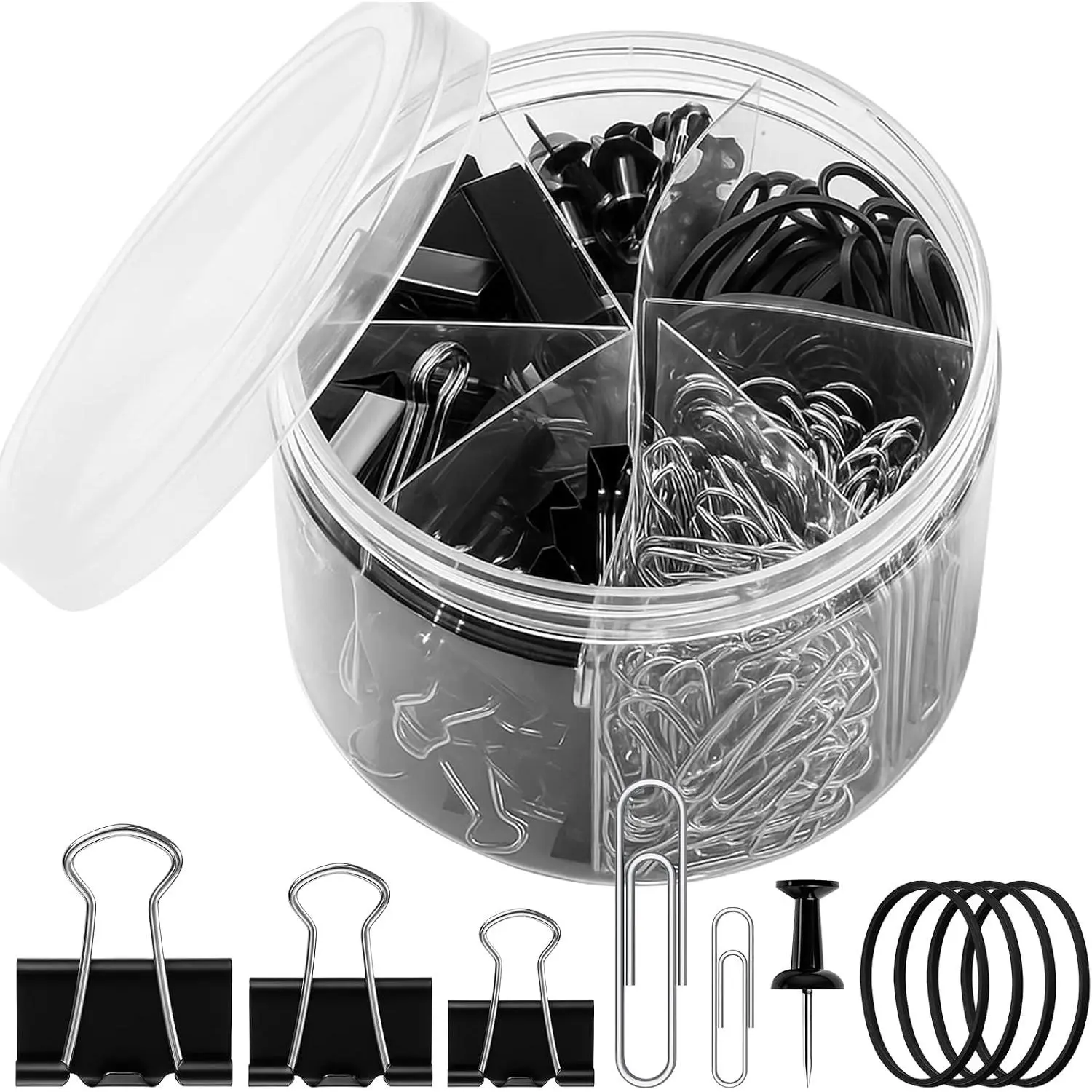 350-Count Metal-Plastic Office Stationery Set with Assorted Sizes Paper Clips, Binder Clips, Paper Clamps, Rubber Bands, Push Pins in Round Box for Office, School Use