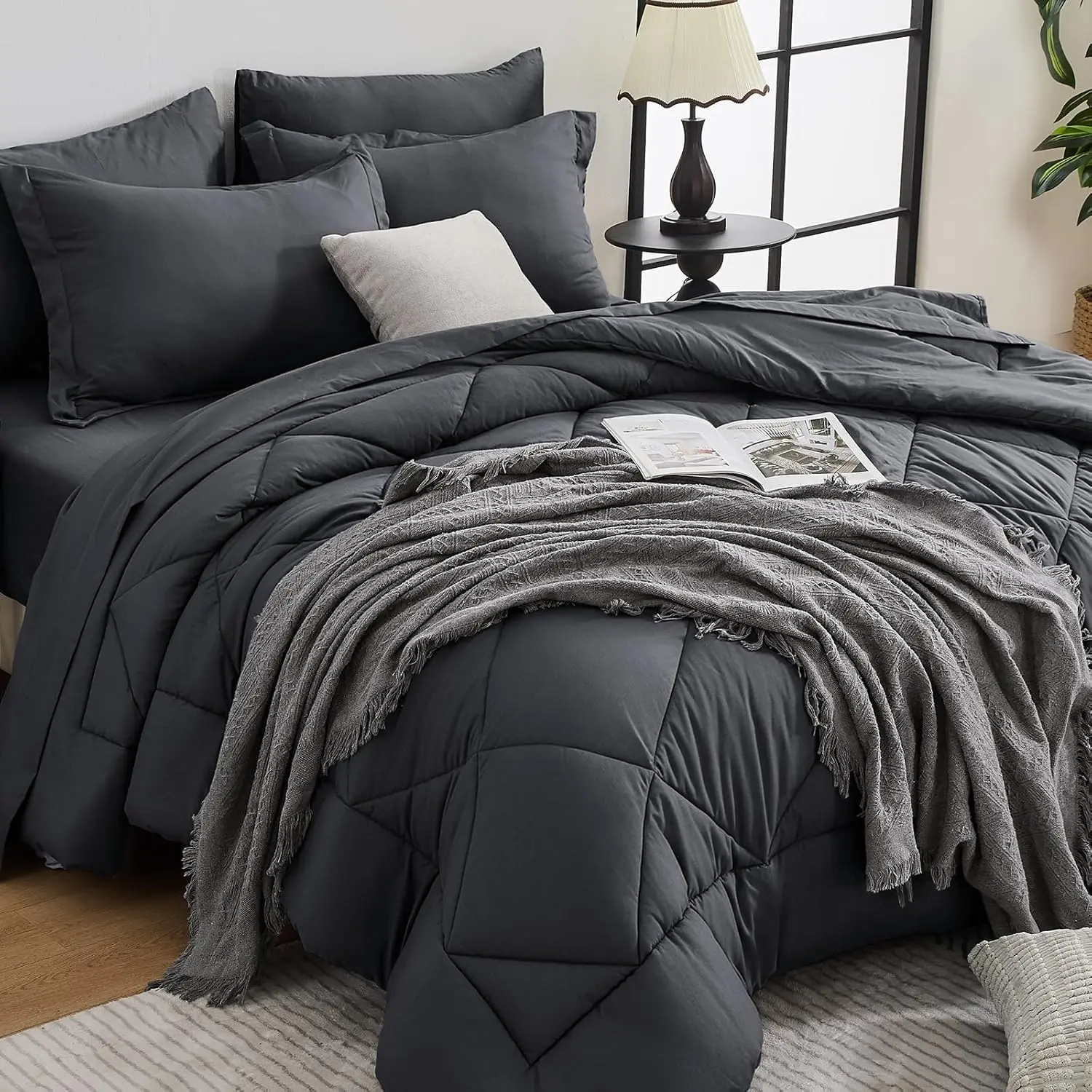 HEVUMYI 7 Pieces Queen Comforter Set, All Season Reversible Bed in a Bag, Ultra Soft Queen Bedding Set with Grey Comforter, Flat Sheet, Fitted Sheet, Pillowcases, Pillow Shams, Dark Grey