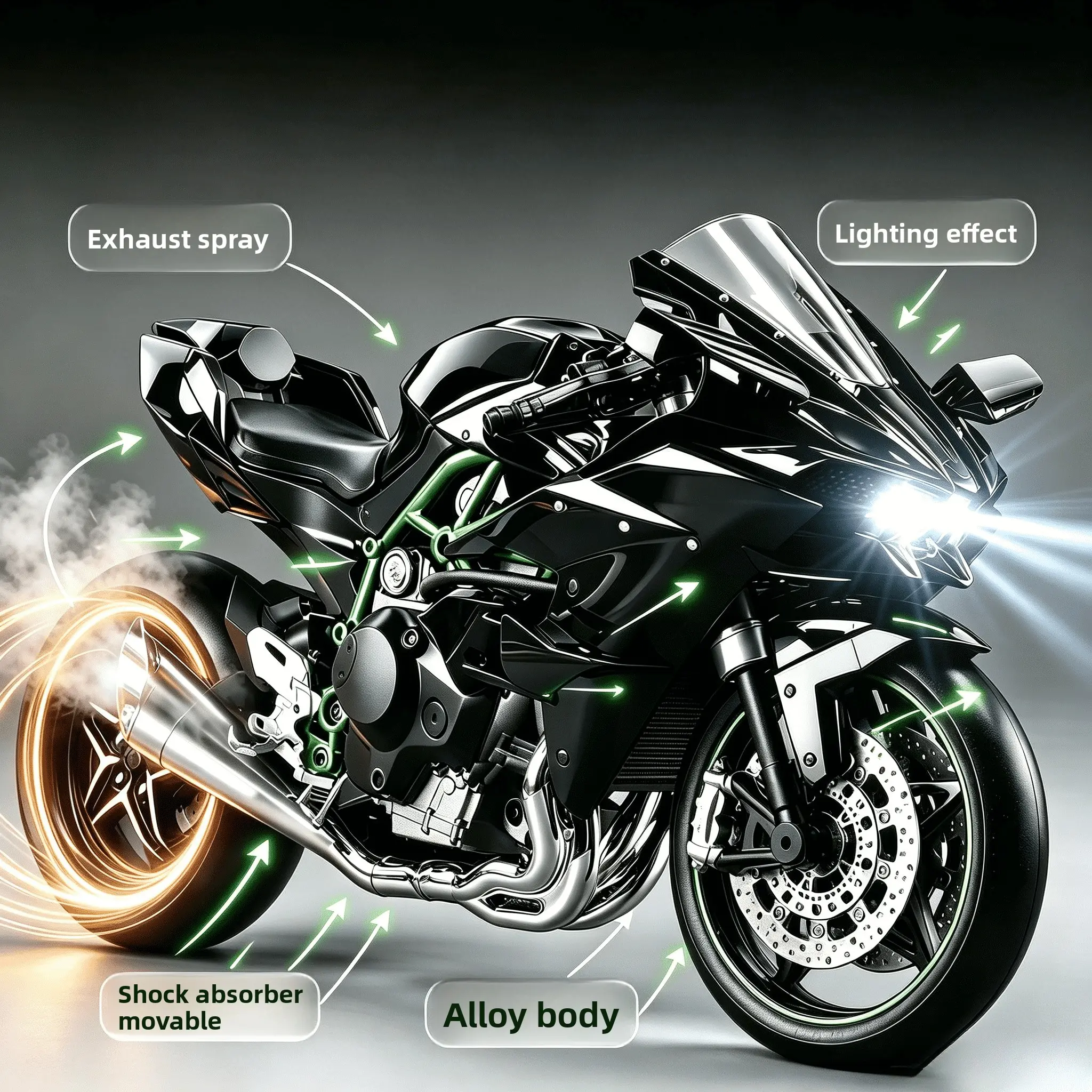 Diecast Motorcycle Model Key Ignition Start Exhaust Spray Function LED Light Sound Shock Absorbation Steerable Front Wheel With Support Bracket Alloy Motorbike Collection Gift For Motorcycle Fans Die Cast Vehicles