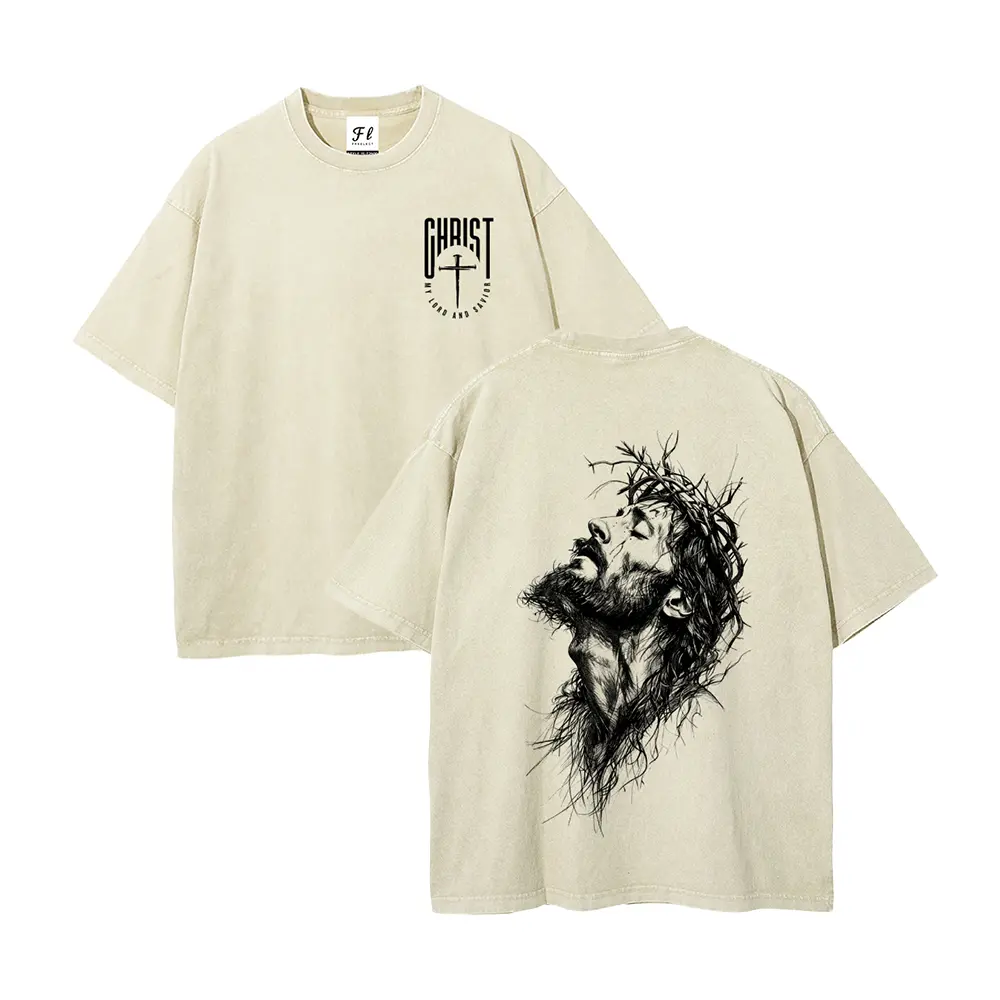 Acid Washed Oversized Y2K Faith Graphic T-Shirt, Tall Serif Cross Circle Small Chest Print Thorn Crown Sketch Portrait Back Dual-Sided Tee, Vintage Grunge Streetwear, 100% Cotton Unisex Short Sleeve Shirt