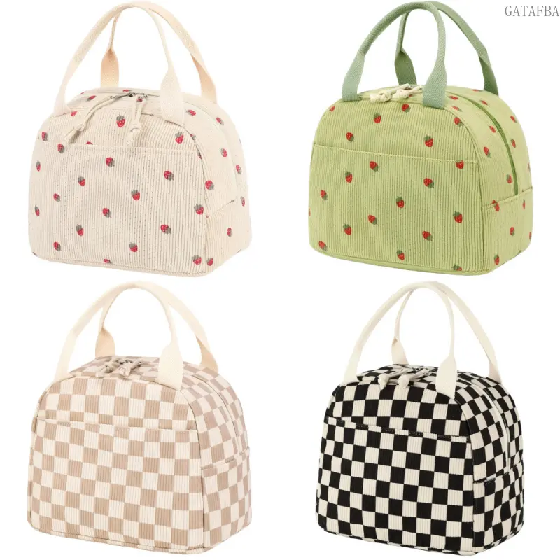 Printed Corduroy Lunch Tote Bag, Portable Insulated Cooler Bag for Picnic Work Travel