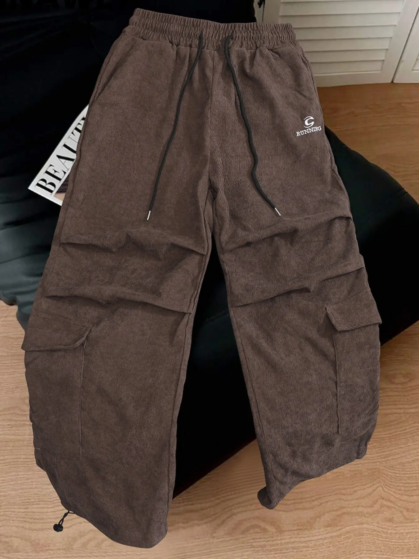 Women's Brown Corduroy Cargo Pants | Elastic Drawstring Waist Ruched Wide Leg Joggers with Pockets | Casual Streetwear Trousers for Daily Wear