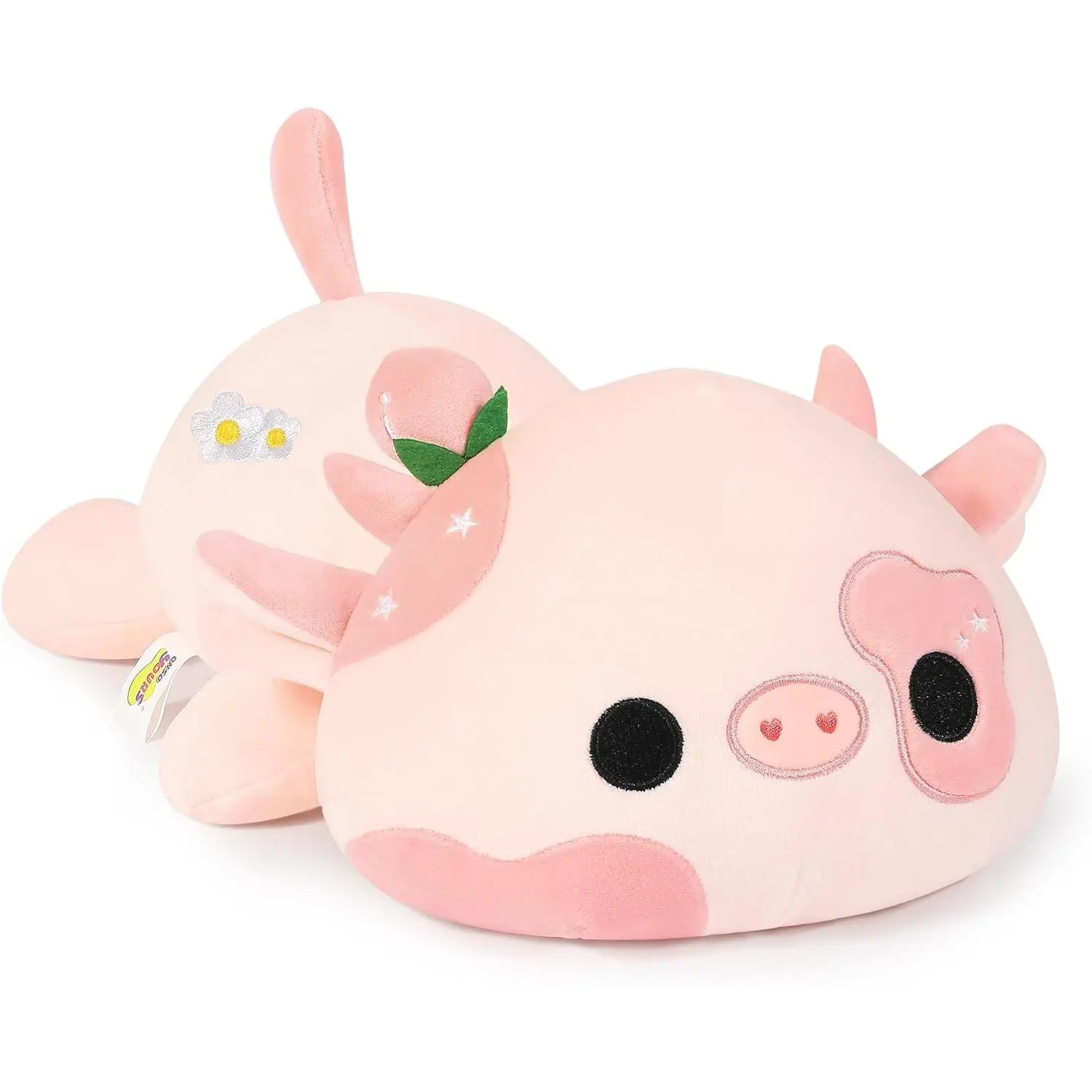 Cute Cow Plushie, Soft Stuffed Peach Cow Squishy Plush Animal Toy Flower Cow Pillow for Kids (Peach Cow, 12")