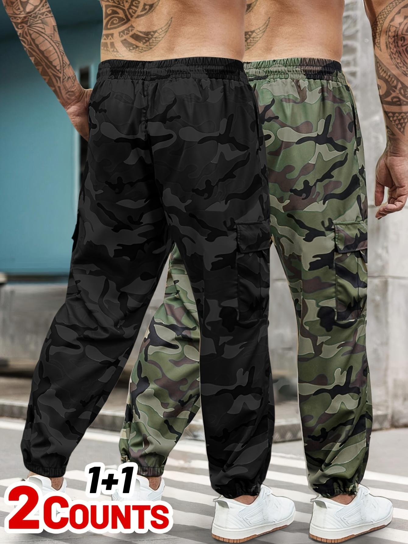 Men's 2-piece camouflage workwear, ankle tied casual pants Multi pocket drawstring elastic waist loose sports work pants two-piece set Outdoor military style camouflage work pants 2-piece combination
