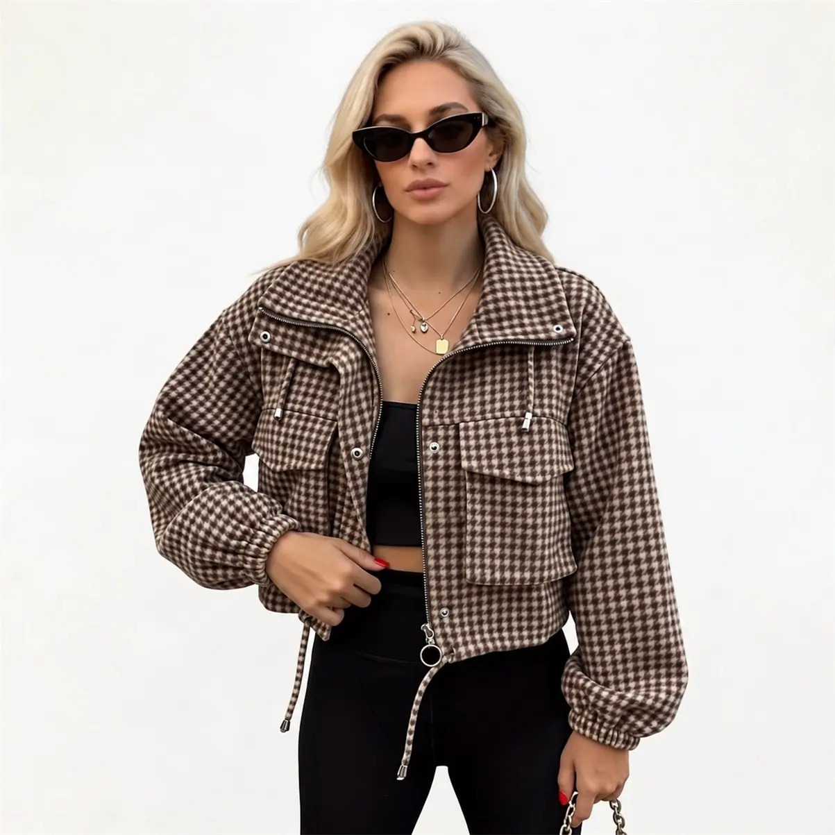 Women’s Houndstooth Cropped Jacket, （Please Read The Size Chart Carefully.）Vintage Plaid Zip Up Coat with Utility Pockets, Casual Long Sleeve Streetwear Outerwear, Trendy Fall Winter Layering Jacket for Daily Wear, Travel & Going Out,sohochic