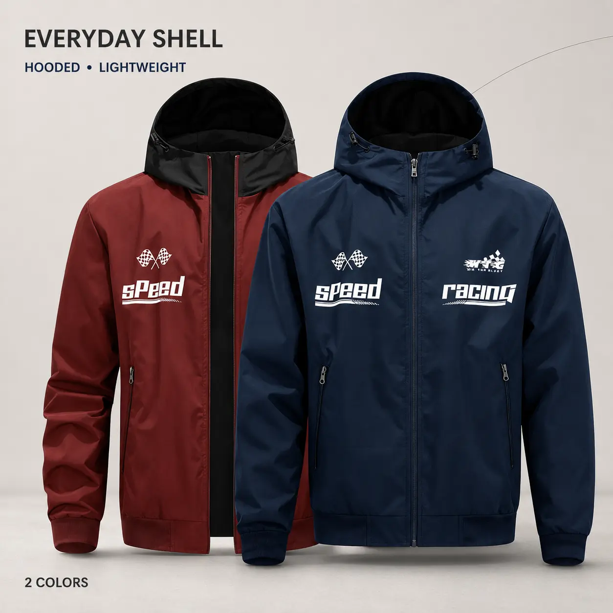 Men Speed Racing Print Hooded Windbreaker Full Zip Adjustable Hood Lightweight Windproof Casual Street Sports Jacket