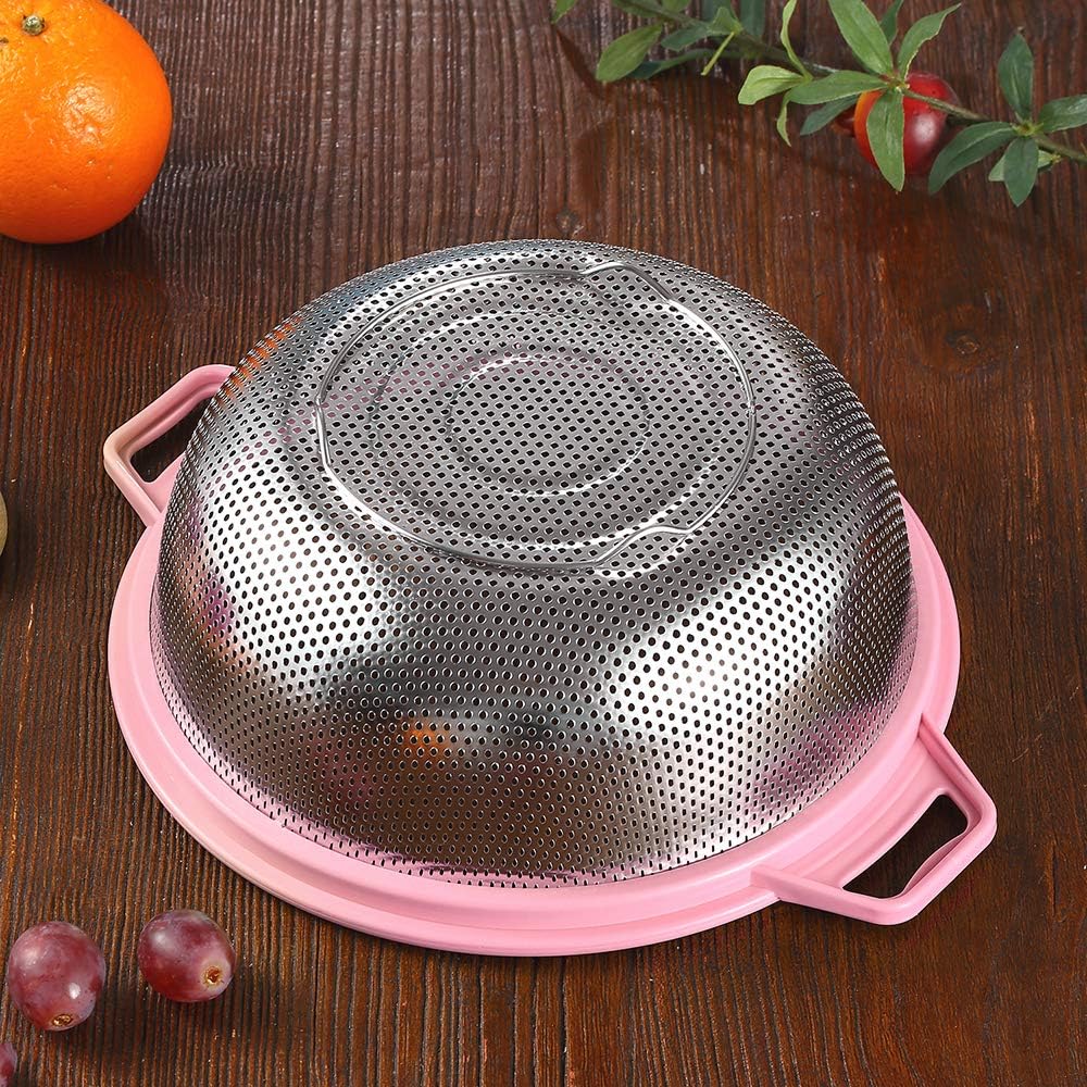 Stainless Steel Colander With Handle and , Large Metal Pink Strainer for Pasta, Spaghetti, Berry, Veggies, Fruits, Noodles, Salads, 5-quart 10.5" Kitchen Mesh Colander, Dishwasher Safe