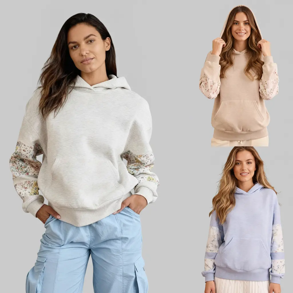 Women Oversized Floral Patchwork Sleeve Hoodie, Long Sleeve Color Block Ditsy Floral Print Pullover Hooded Sweatshirt with Front Kangaroo Pocket Loose Drop Shoulder Lightweight Fleece