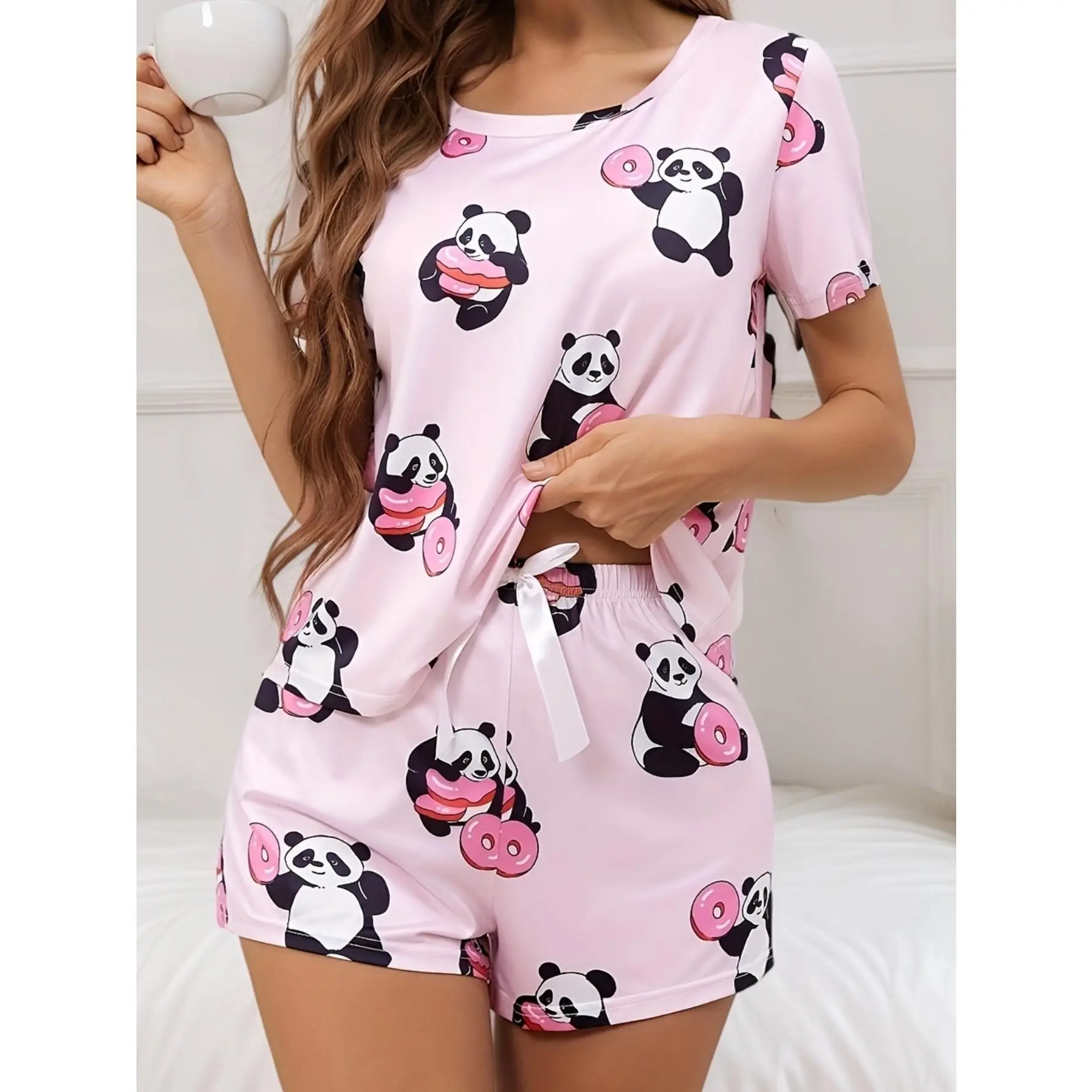 Women's 2-Piece Pajama Set, Casual Cartoon Panda & Donut Print Nightwear, Short Sleeve Crew Neck Top & Knit Shorts, Stretchy Polyester Elastane Loungewear, Hand Wash, Short Sleeves