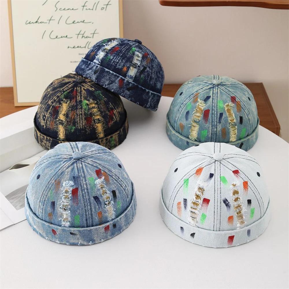 Vintage Distressed Denim Docker Cap for Men Women Retro Washed Miki Hat with Colorful Graffiti Print Streetwear Brimless Beanie