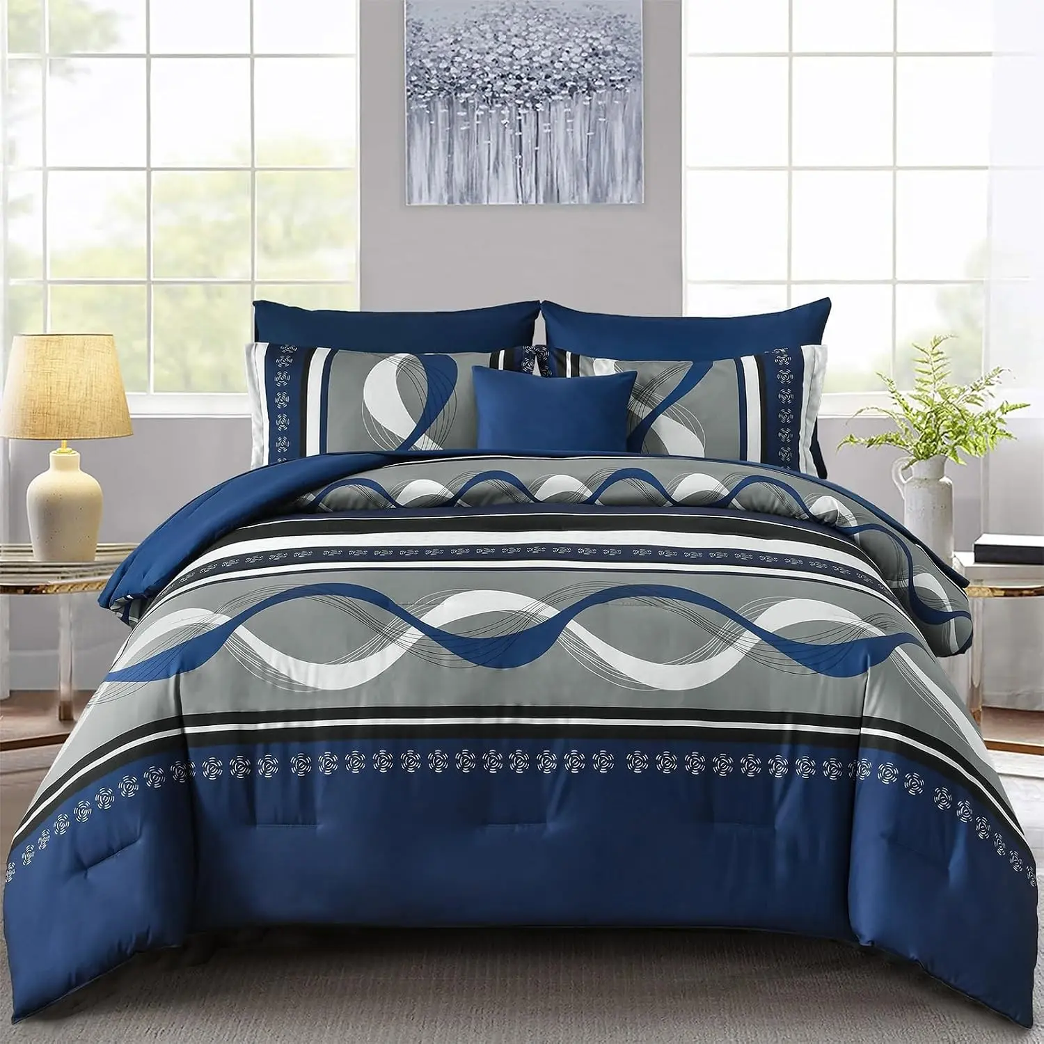 Navy Blue Comforter Set Queen Size,8 Pieces Boho Bed in a Bag Patchwork Striped Comforter Set, Soft Microfiber Bedding Set for All Season(90"×90")