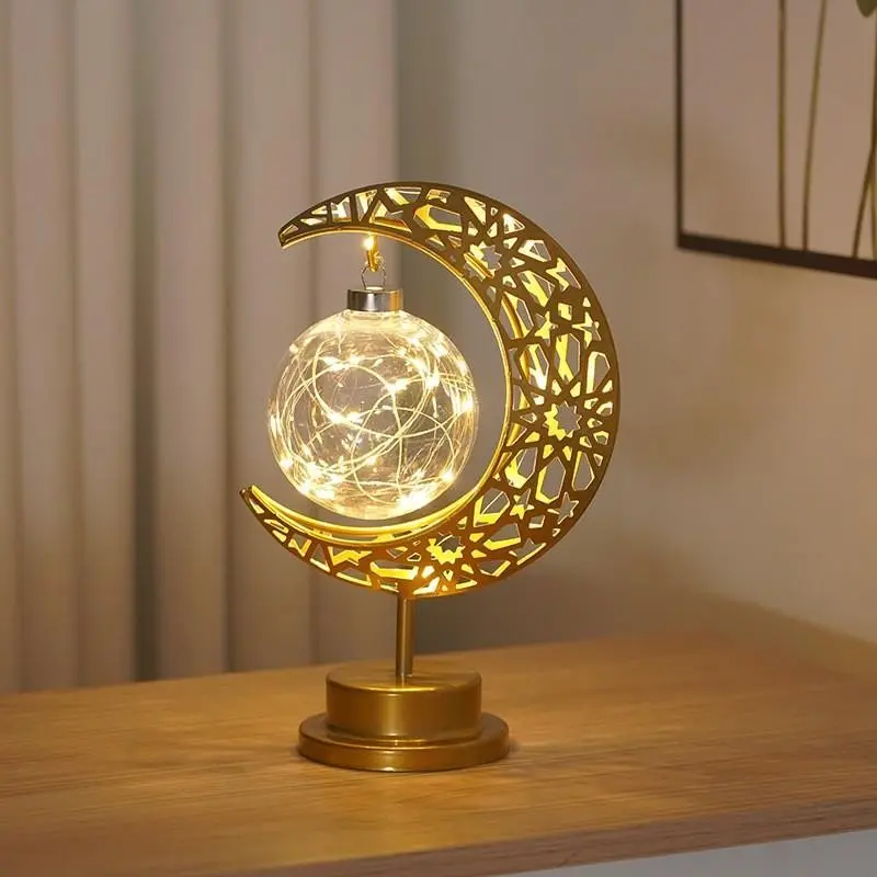 Islamic Crescent Moon & Star LED Table Lamp, Warm /golden Light, Muslim Prayer, Ramadan & Eid Decor, Plastic & Dome