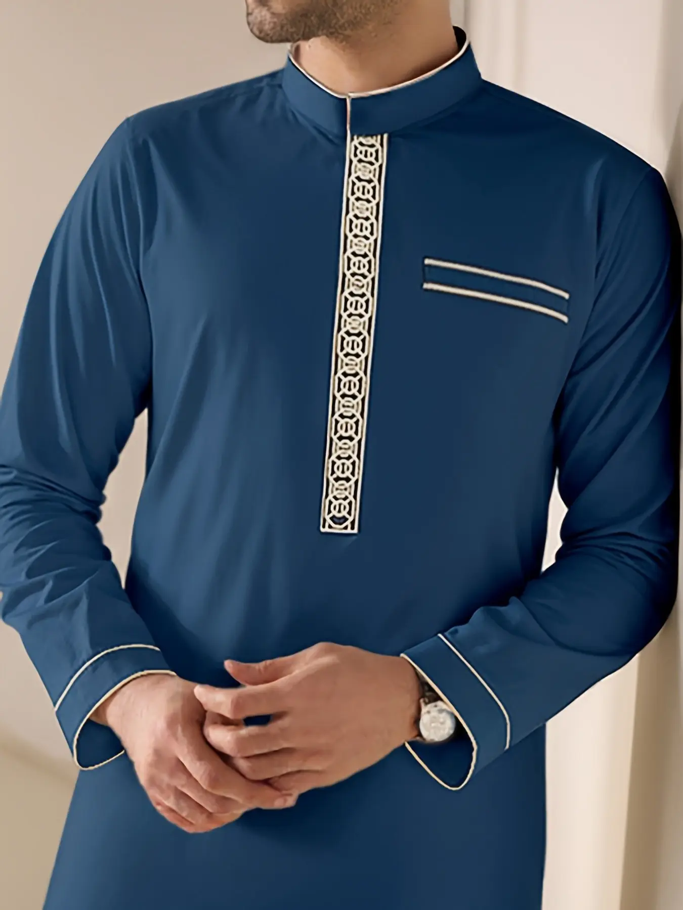 Luxury Colorblock Embroidered Men's Robe, Collared Style Thobe, Elegant Stand Collar Long Coat, Comfortable Flowy Muslim Wear, Perfect for Ramadan Gifts