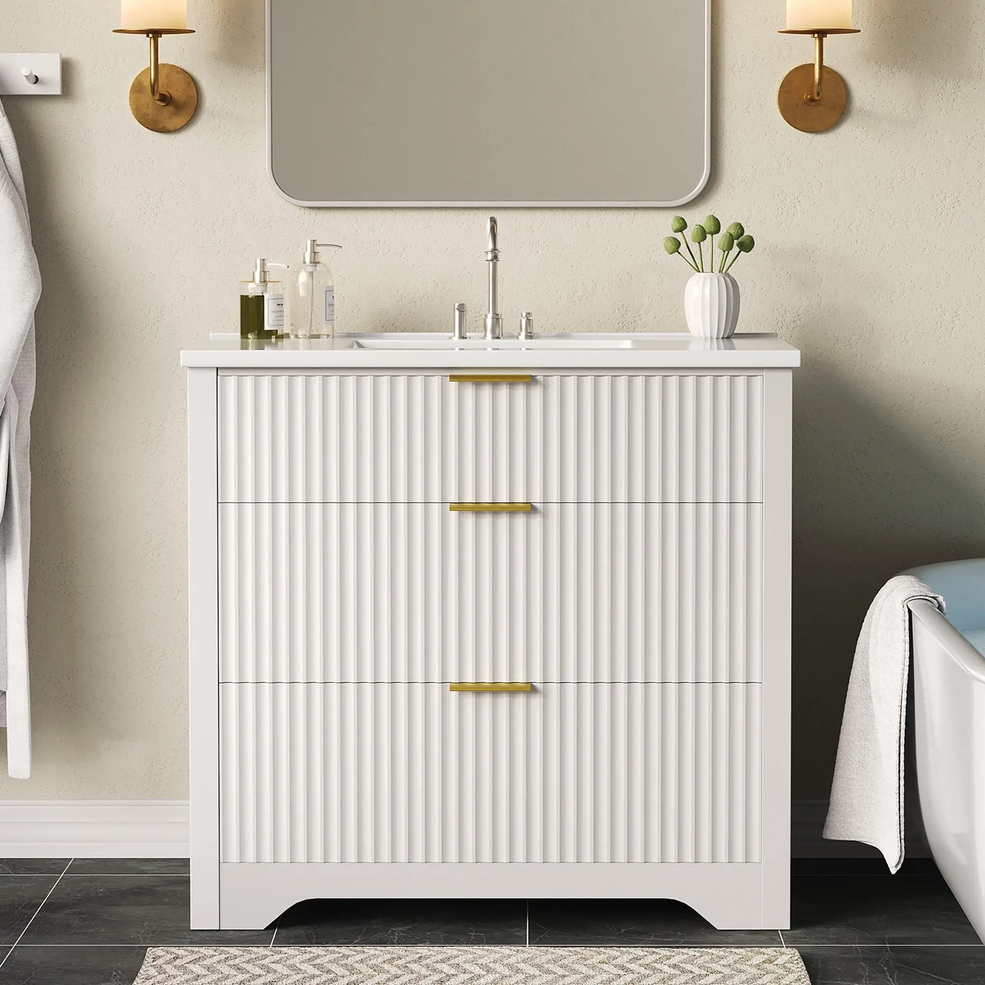 GARVEE 36" White Fluted Bathroom Vanity with Sink, Farmhouse Freestanding Bathroom Sink Cabinet with 2 Drawers & 1 Flip-Down Drawer, Easy Assembly & Cleaning