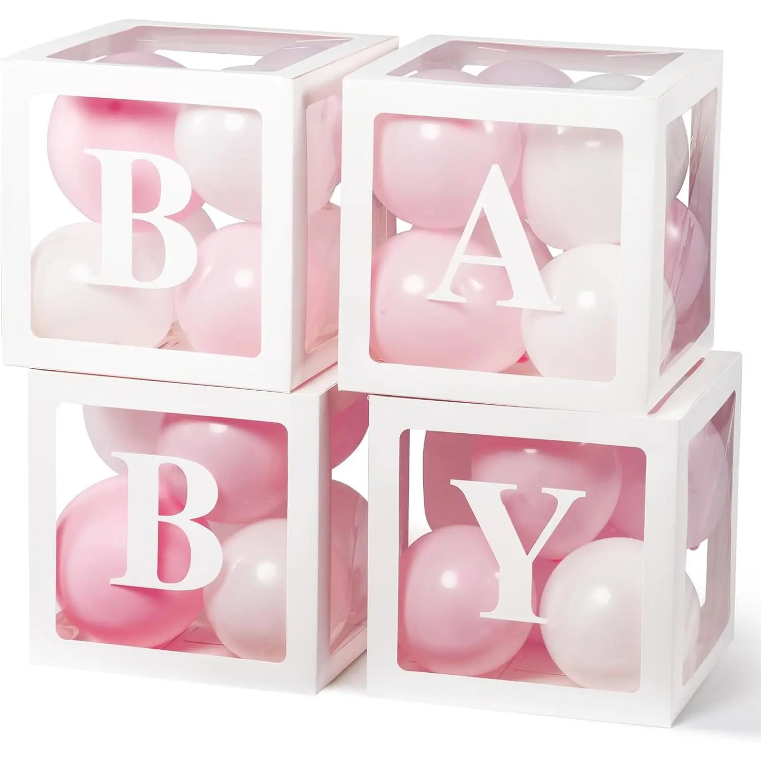 Shower Decorations, 4 count Transparent Balloon Boxes with Letters, 36 count  & White Balloons, , Unisex, for  Party | 4 count Transparent Balloon Boxes, Decorative Boxes,  Shower Decorations,  Decorations, Girls