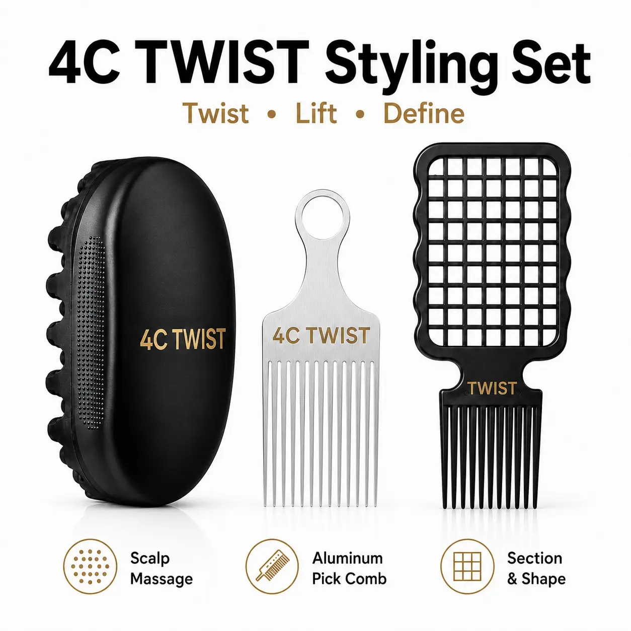 4C TWIST 3-Piece Twist Hair Styling Kit for Men with Twist Sponge Brush, Afro Hair Pick & Grid Sectioning Comb for 4C Natural Hair, Coils, Curls, Twists & Afro Styling, Comb for Curly Hair