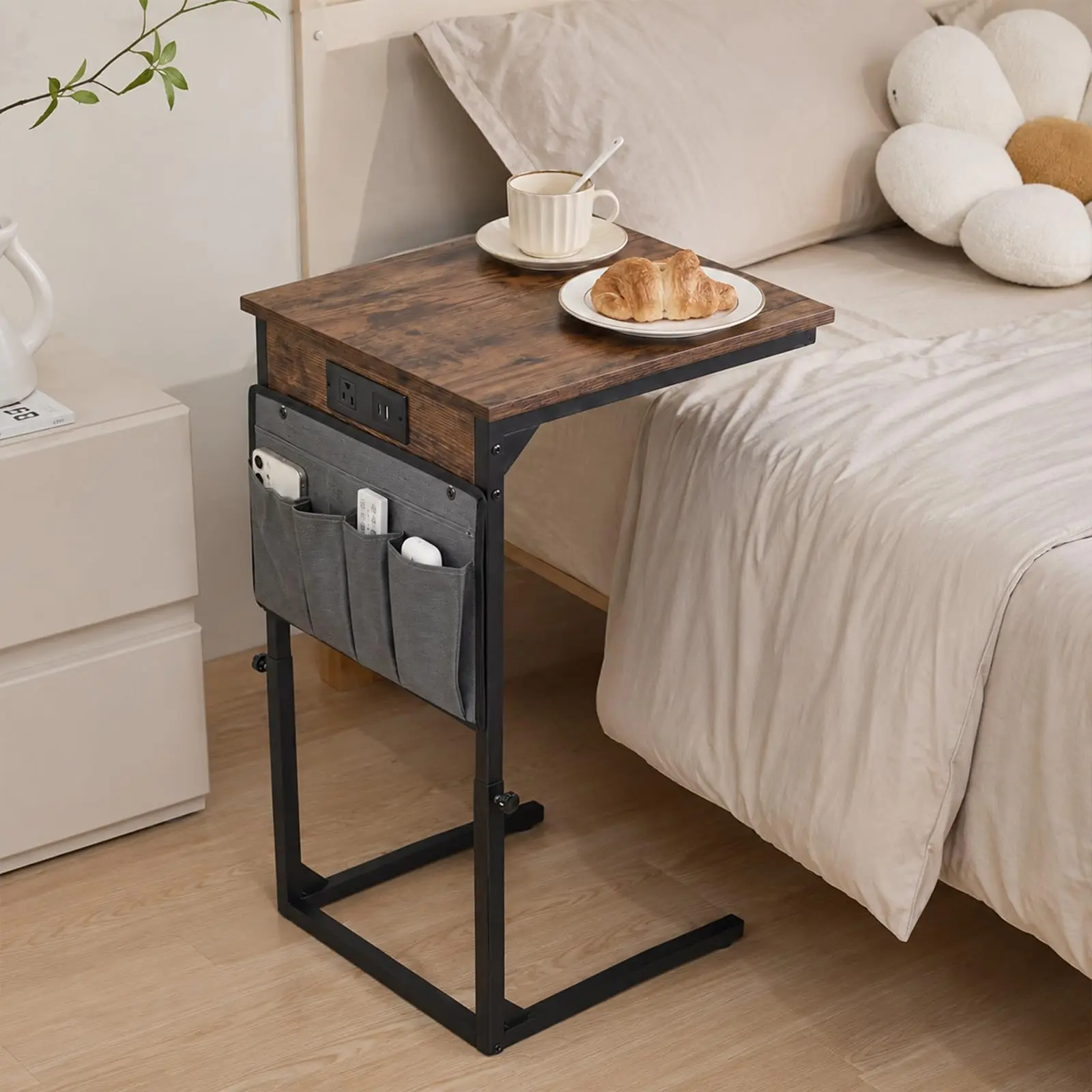 Small Size C-Shaped End Table with Charging Station - Space-Saving Slide-Under Sofa Side Table - Burned Color Indoor Furniture for Eating, Reading