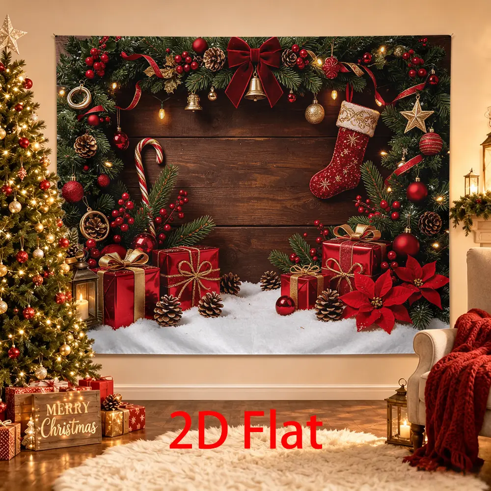 Rustic Red Gold Christmas Flat Backdrop, Wood Texture Photography Background with Stocking, Poinsettia, Candy Cane, Gifts and Pine Garland