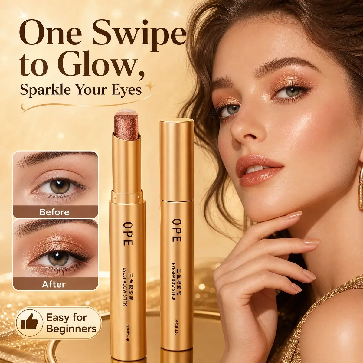Luxury Gold Tube 3 Tone Gradient Premium Shimmer Glitter Eyeshadow Stick Matte Base Shimmer Highlight Multi Use Eye Makeup Cream Smooth Texture Easy To Blend For Beginners Daily And Party Eye Makeup