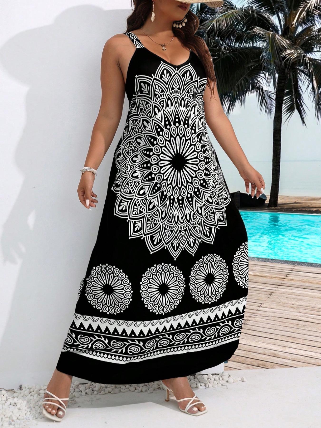 Plus Size Ethnic Pattern Backless Scoop Neck Cami Fitted Dress, Casual Boho Fashion Sleeveless A Line Long Dress for Beach Holiday Vacation, Women's Plus Clothing for Summer