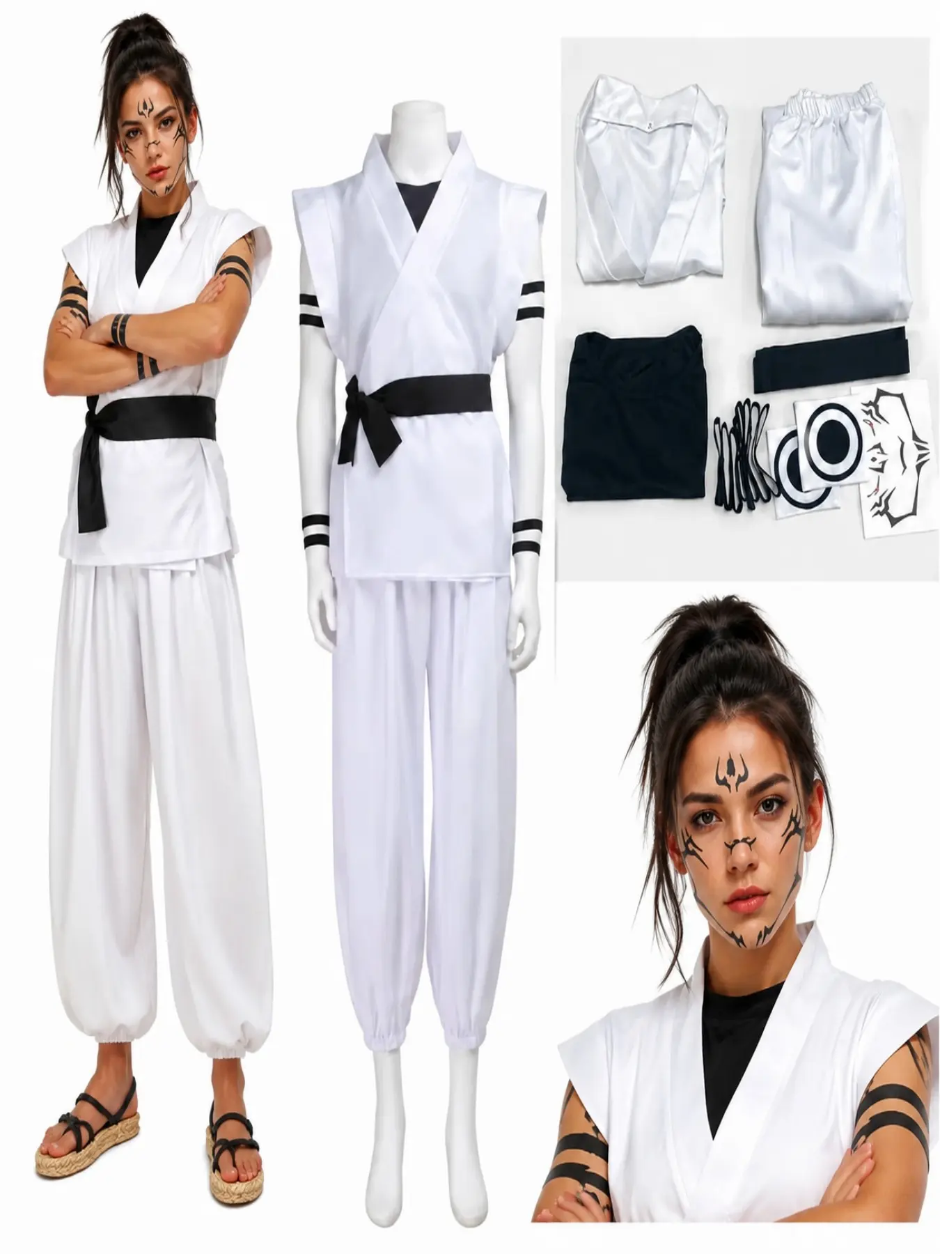 Ryomen Sukuna Cosplay Costume Jujutsu Kaisen Anime Unisex Baggy Kimono Outfit Full Set Tattoo Stickers Halloween Party Roleplay Costume Accessories