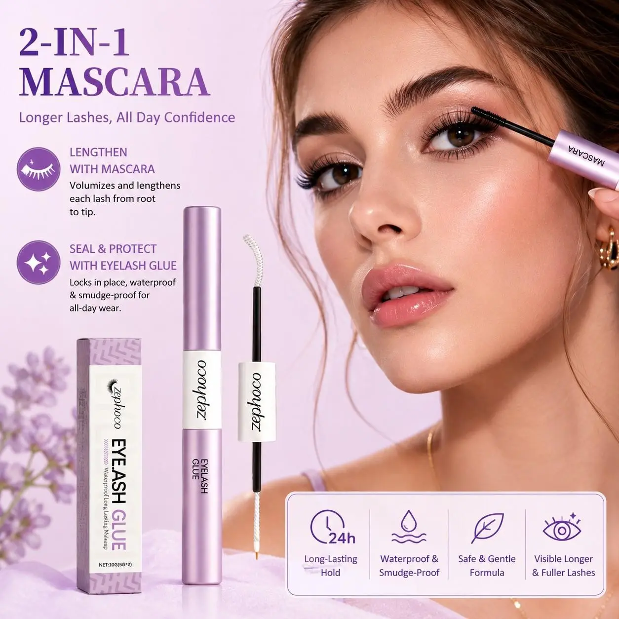 Two-In-One Mascara, Dual-Use Lash Glue, Natural Volumizing Effect, Waterproof Long-Lasting, Precision Brush, Smudge-Free, Daily Commute Friendly