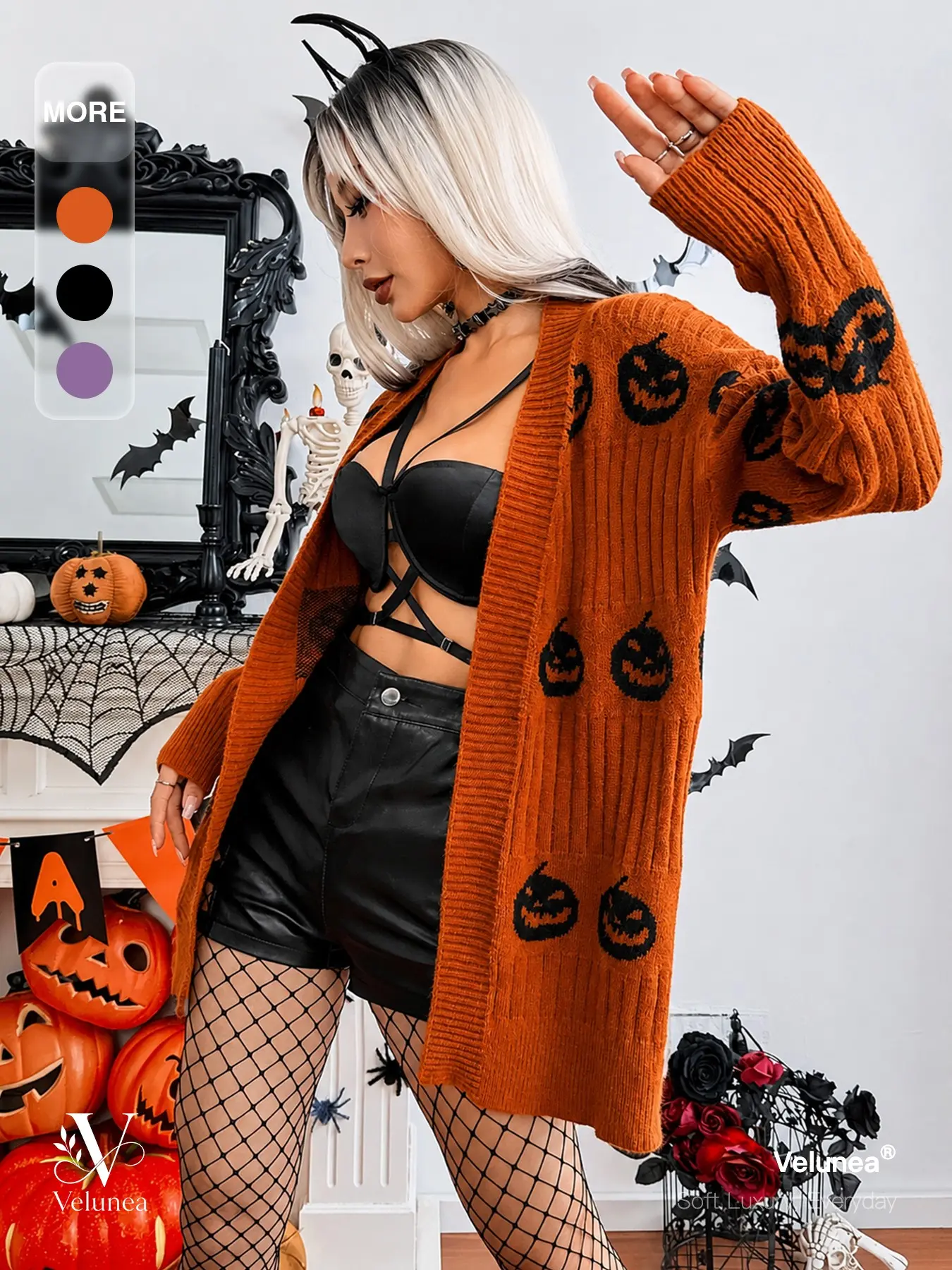 Velunea Women’s Halloween Pumpkin Knit Cardigan, Oversized Long Sleeve Open Front Sweater with Jack O Lantern Graphic, Spooky Gothic Fall Outfit