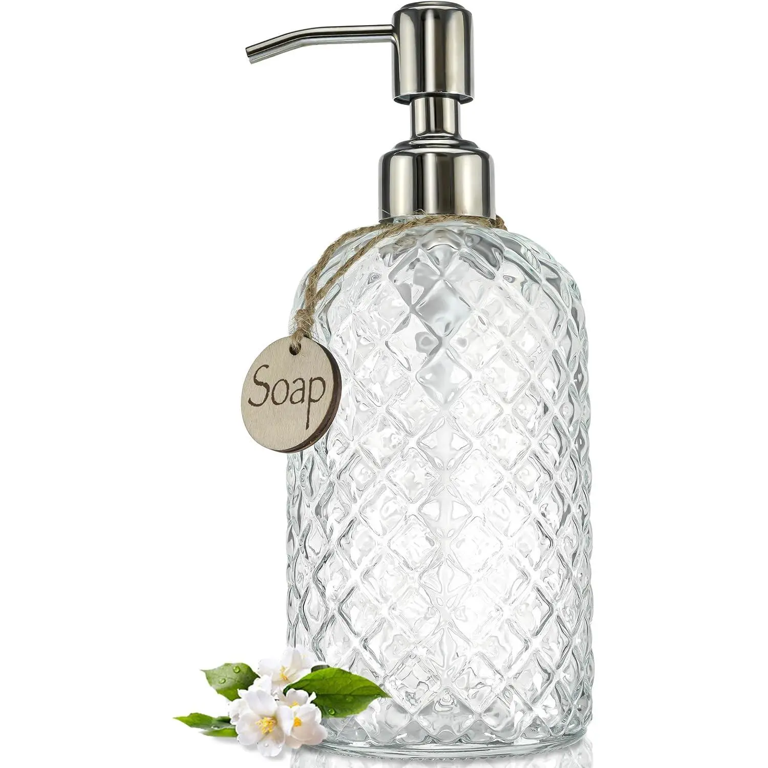18Oz  Patterned Clear Glass Soap Dispenser with Rust Proof Pump | Refillable Hand soap Dispenser for Kitchen,  Bathroom Soap Dispenser for Dish Soap, Hand soap, Lotion(Clear)