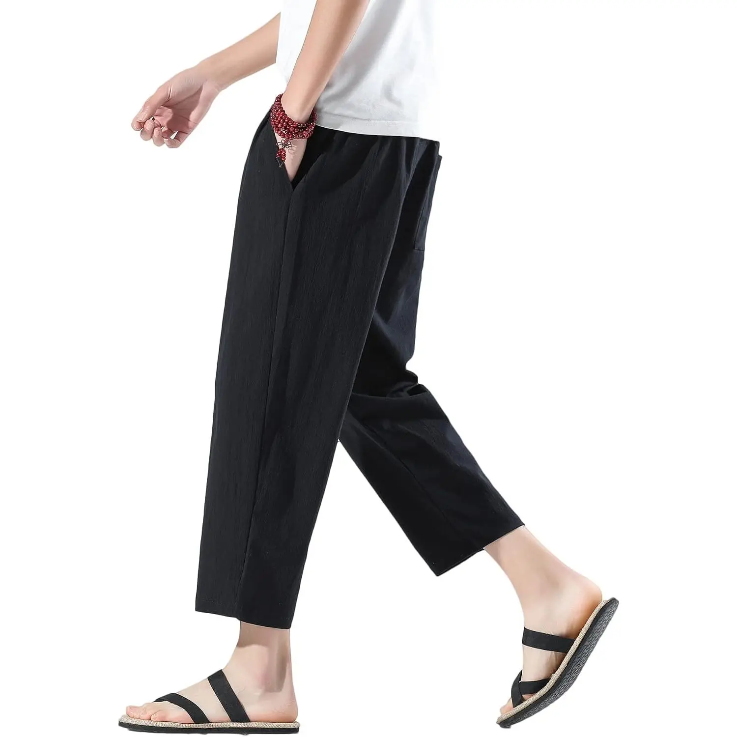 Mens Harem Pants Cotton Linen Capris Wide Leg Japanese Beach Cropped Pants