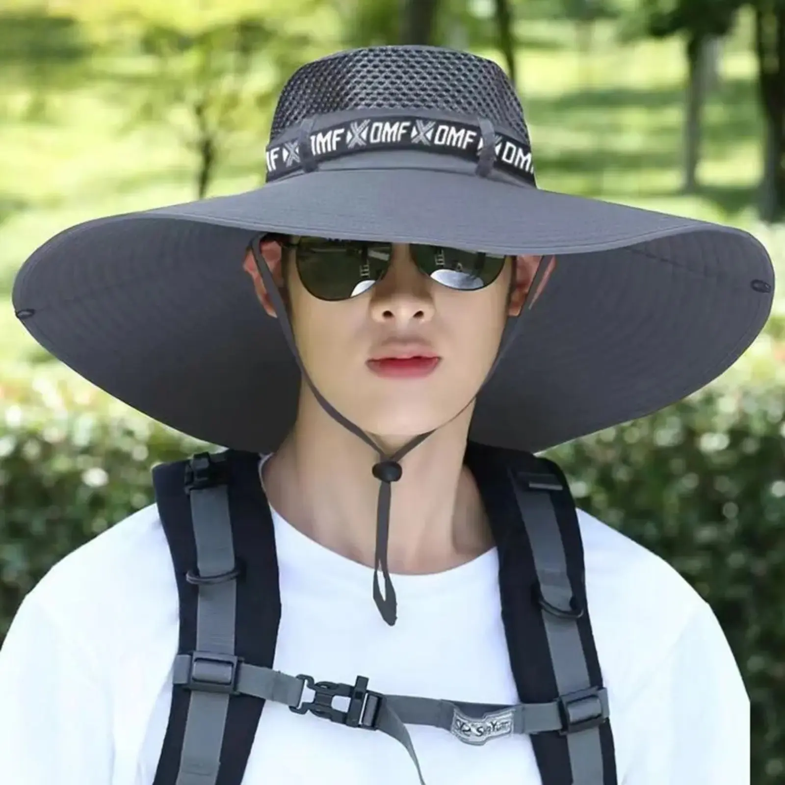 Unisex Extra Wide Brim Polyester Sun Hat, lightweight breathable mesh top with UV protection and adjustable fit. Ideal for fishing, beach trips and all summer outdoor activities.