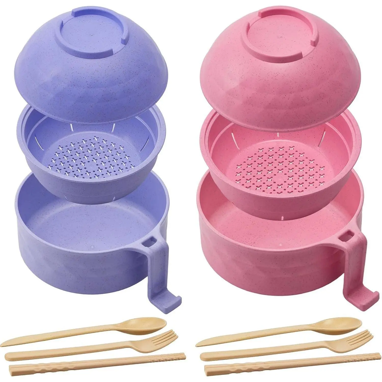 2 Sets 12-Piece Microwave Ramen Bowl Set, with Lid and Handle, Portable Cutlery Kit for Home Office Dorm Apartment