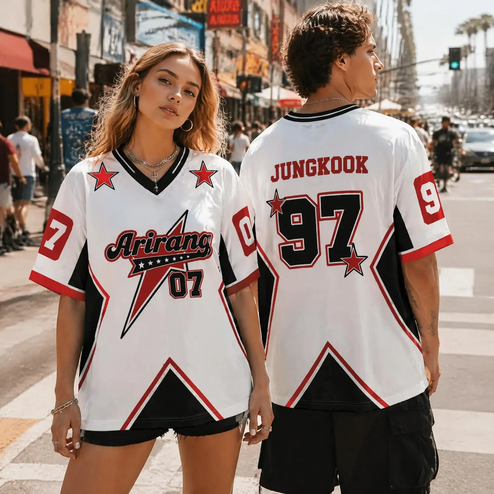 Arirang 07 Lightning Star Front Graphic, BT Inspired Retro Hockey Style V Neck Top For City Street Outfits