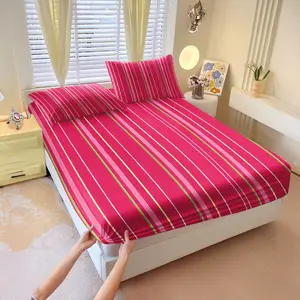 3Pcs Bright Rose Red Vibrant Color Block Wide Thin Vertical Stripe Fitted Sheet Set, Trendy Print Machine Washable, Fade Resistant Full Wrap Smooth Fabric, Perfect Independence Day Home Refresh, Versatile Bedding For Rental Girls Bedrooms