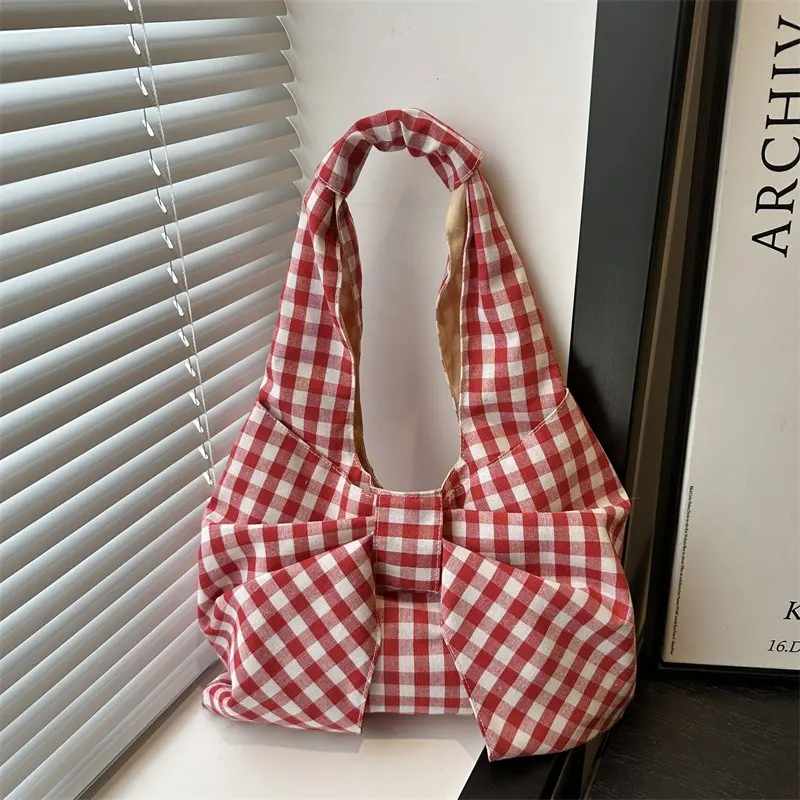 Women's Plaid Shoulder Bag with Bow Detail, Vintage Aesthetic Underarm Purse, Trendy Preppy Style Tote Handbag, Minimalist Casual Commuter Bag with Chic Design, Lightweight Everyday Carry Bag for Shopping, Work, Travel & Daily Outfits